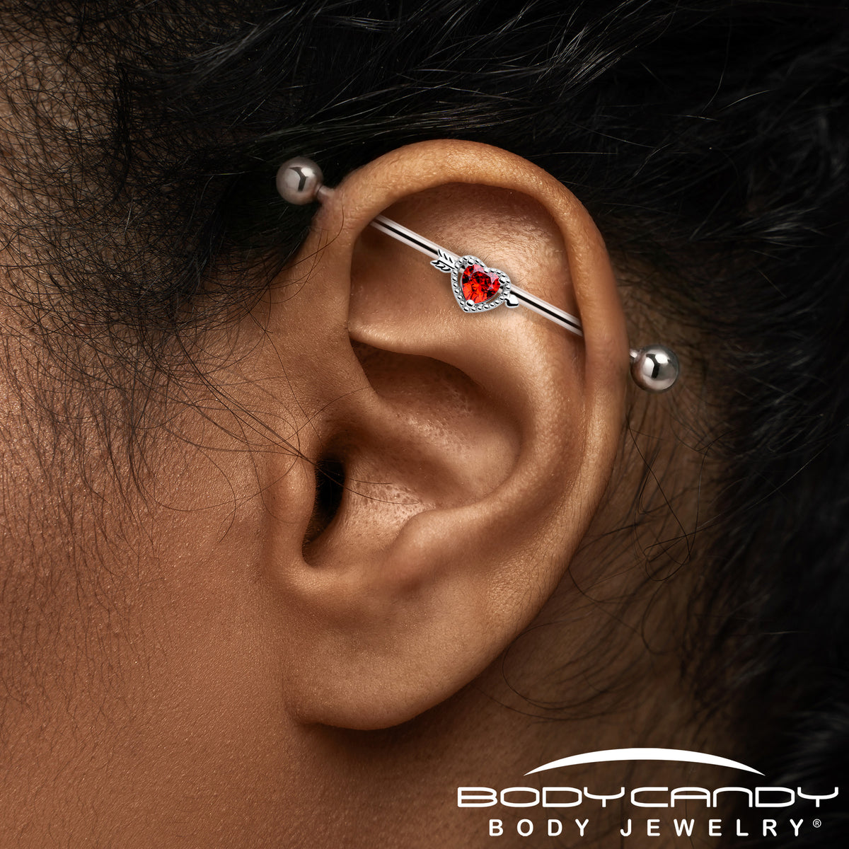 14G Red CZ Gem Fusion Of Love Heart Arrow Industrial Barbell 38mm