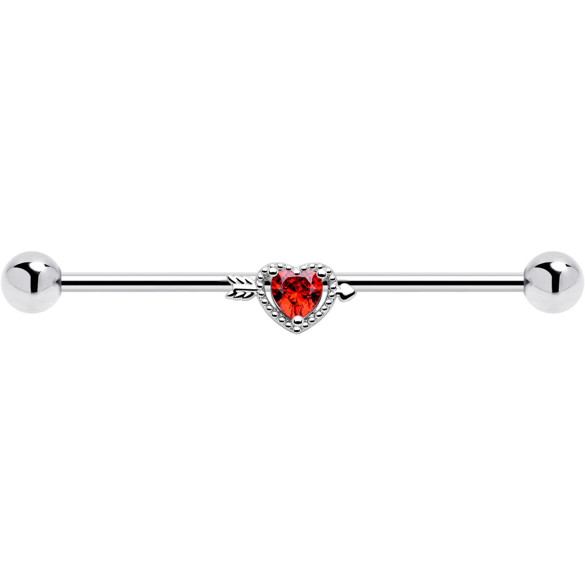 14G Red CZ Gem Fusion Of Love Heart Arrow Industrial Barbell 38mm
