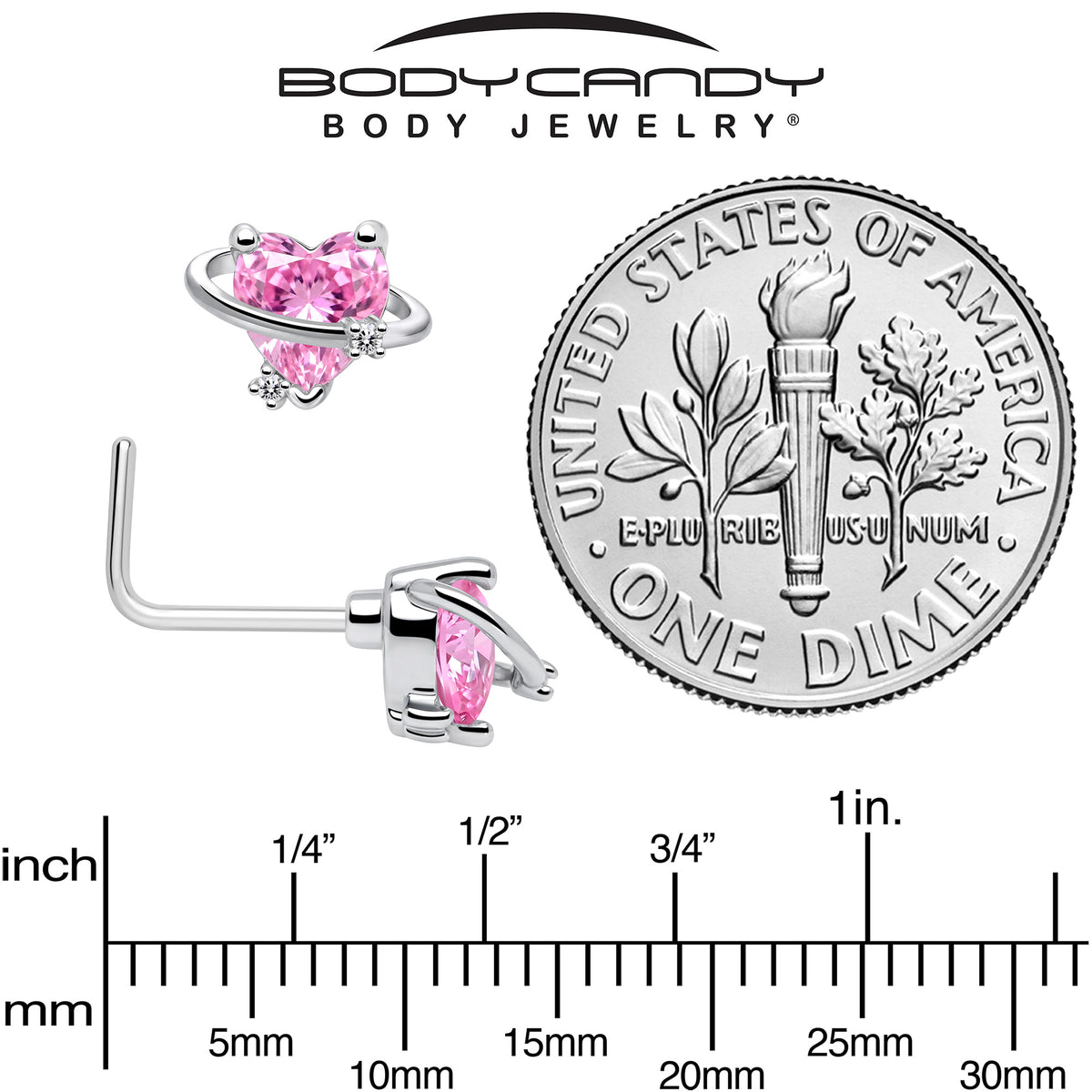 20G 1/4 Pink CZ Gem Heart Saturn L Shape Nose Ring