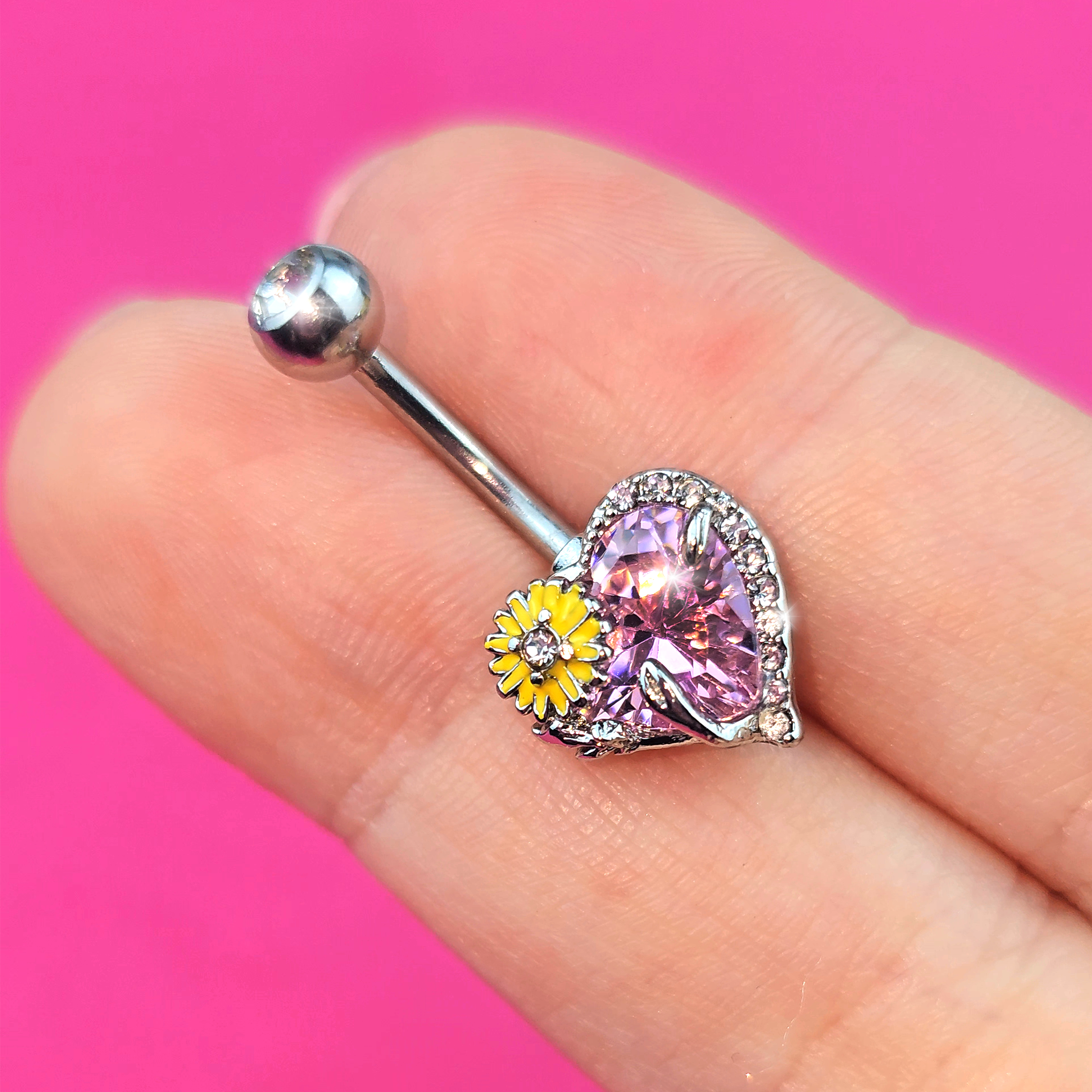 Pink Clear Gem Sunflower Heart Love Belly Ring