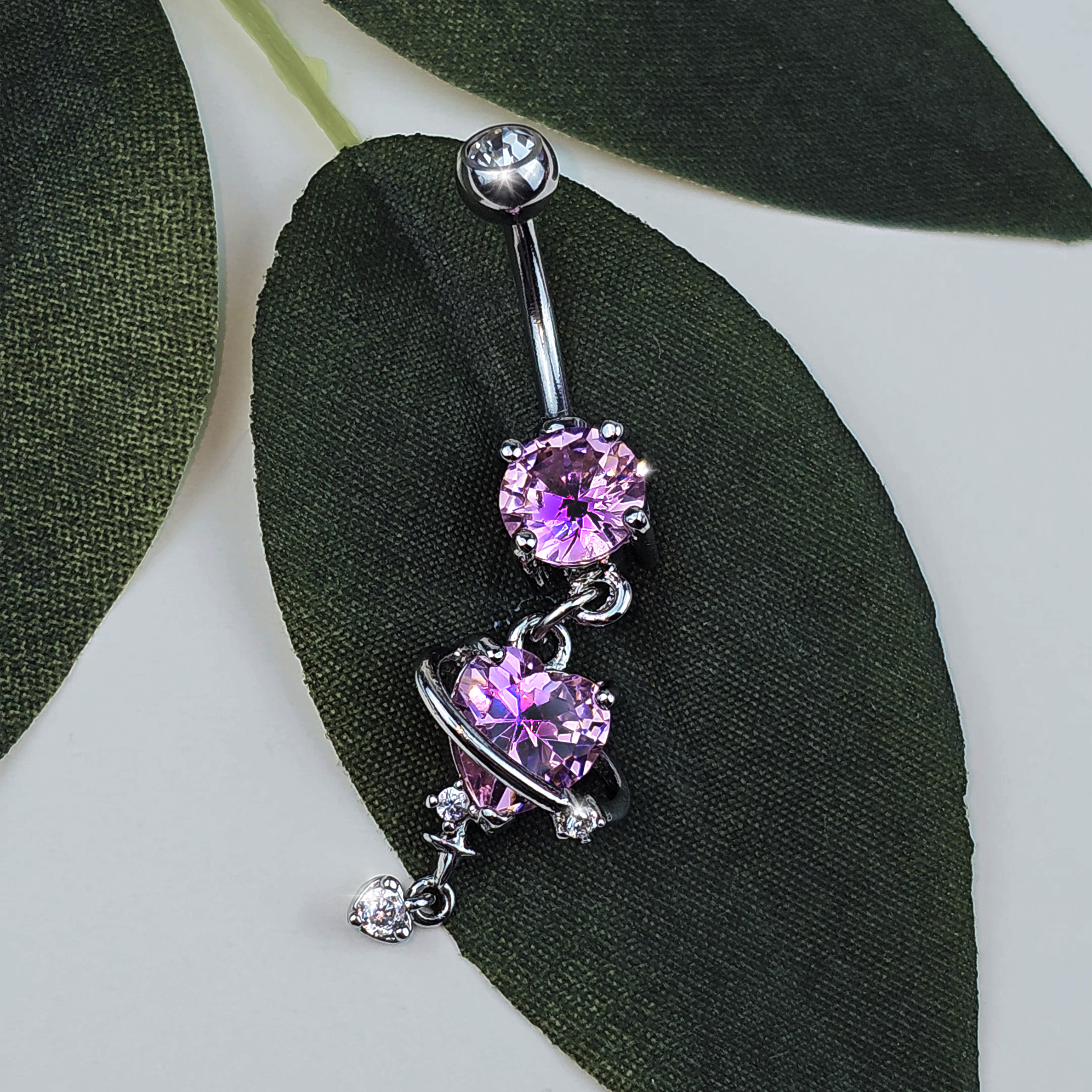 Pink Clear CZ Gem Starry Heart Dangle Belly Ring