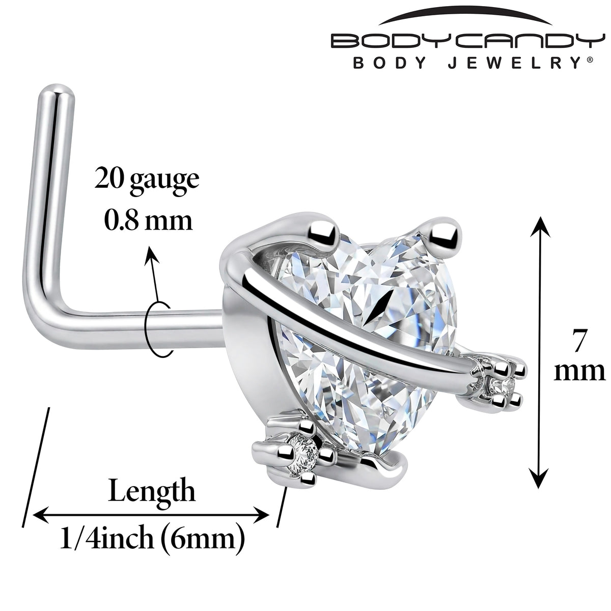 20G 1/4 Clear CZ Gem Heart Saturn L Shape Nose Ring
