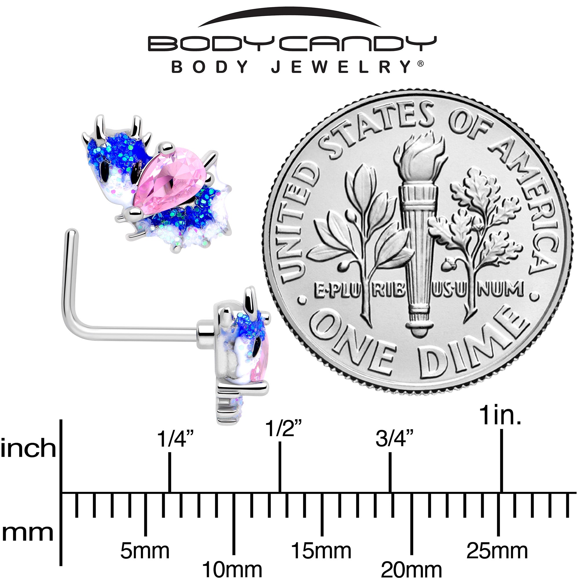 20G 7mm Pink CZ Gem Sea Monster Glitter Blue L Shape Nose Ring