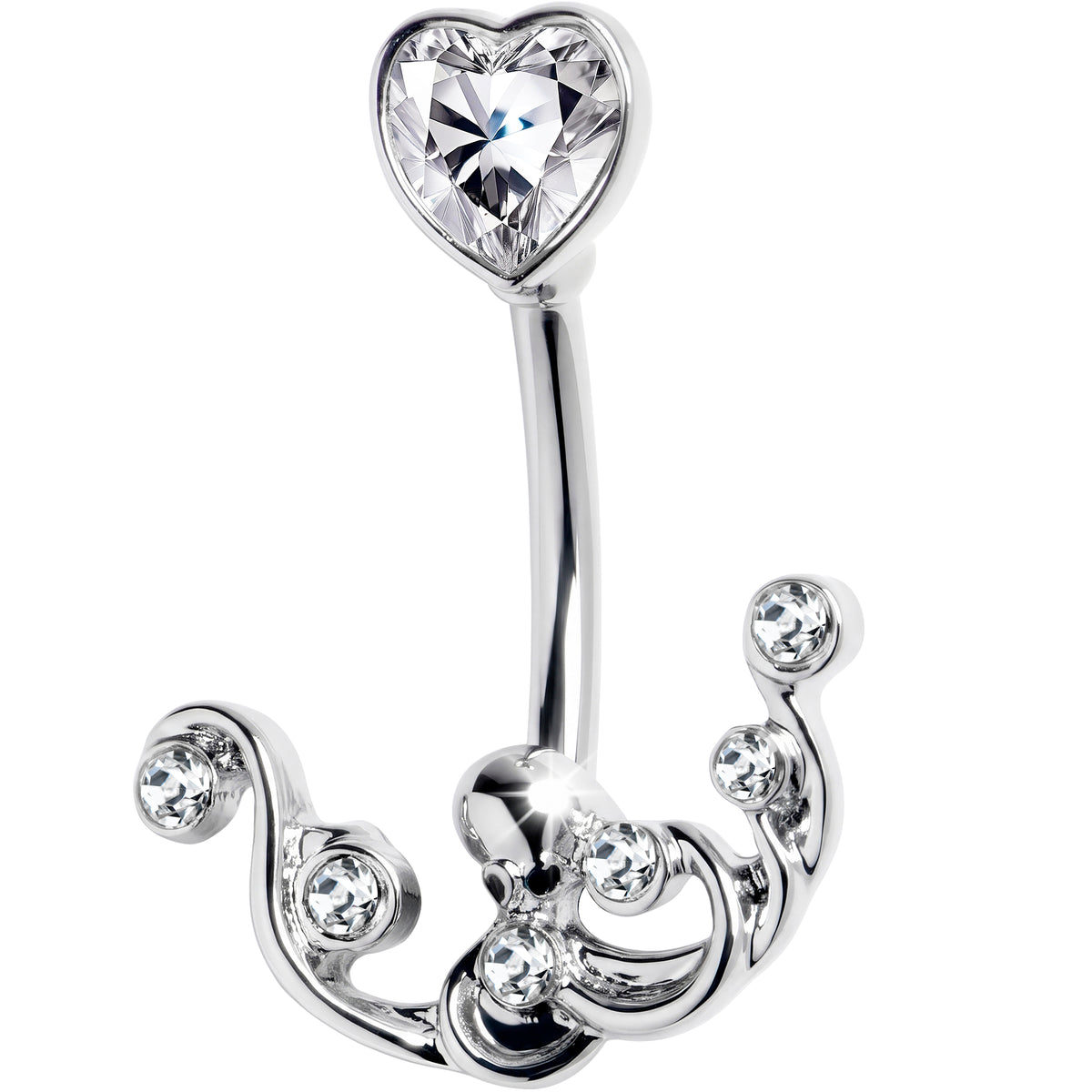 Clear Gem Heart Scrolling Elegance Double Mount Belly Ring
