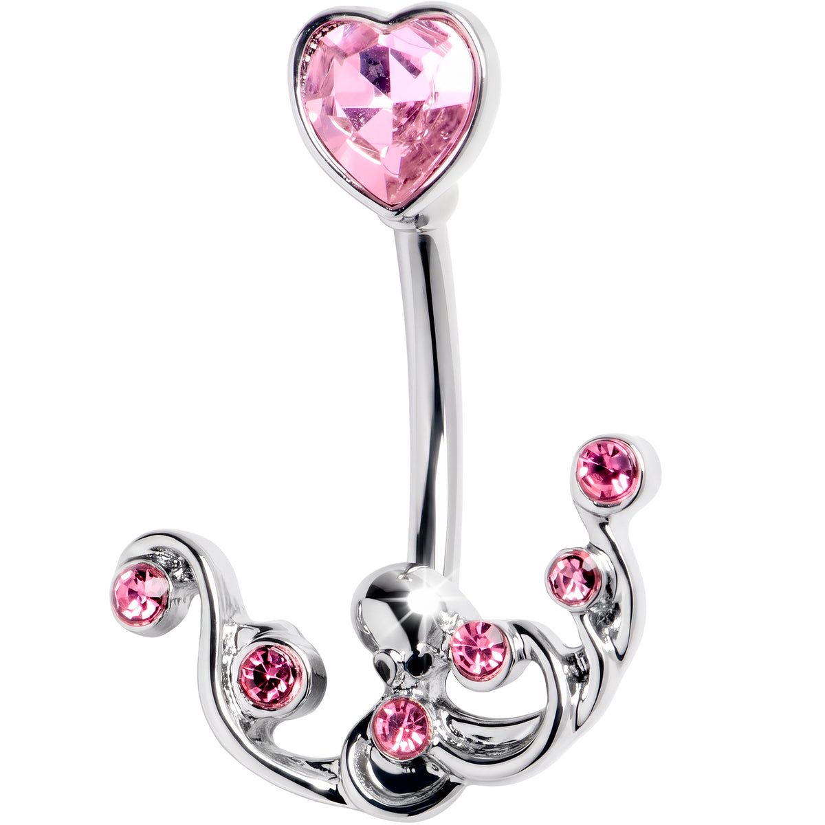 Pink Gem Heart Scrolling Elegance Double Mount Belly Ring