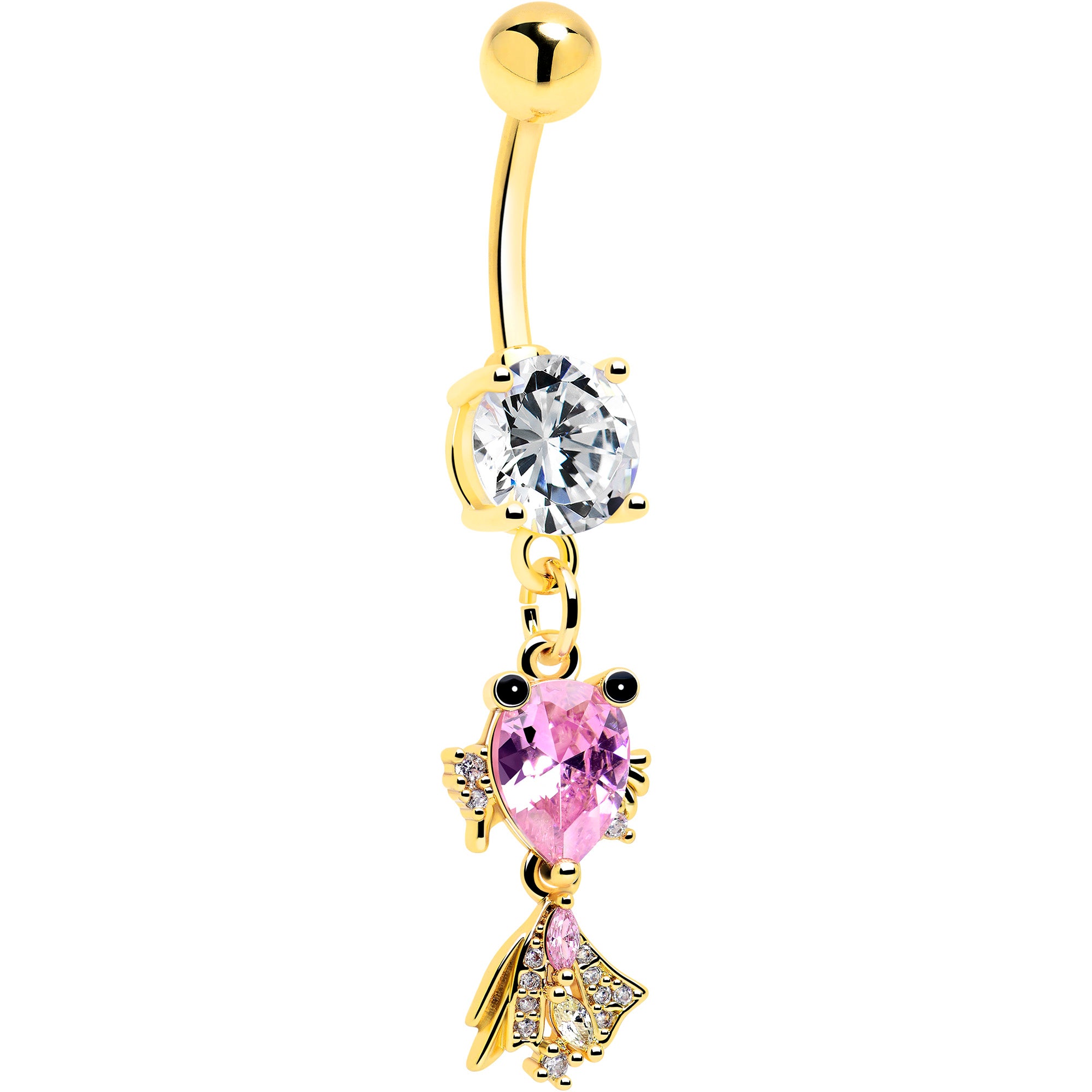Clear Pink CZ Gem Gold Tone Fanciful Fish Dangle Belly Ring
