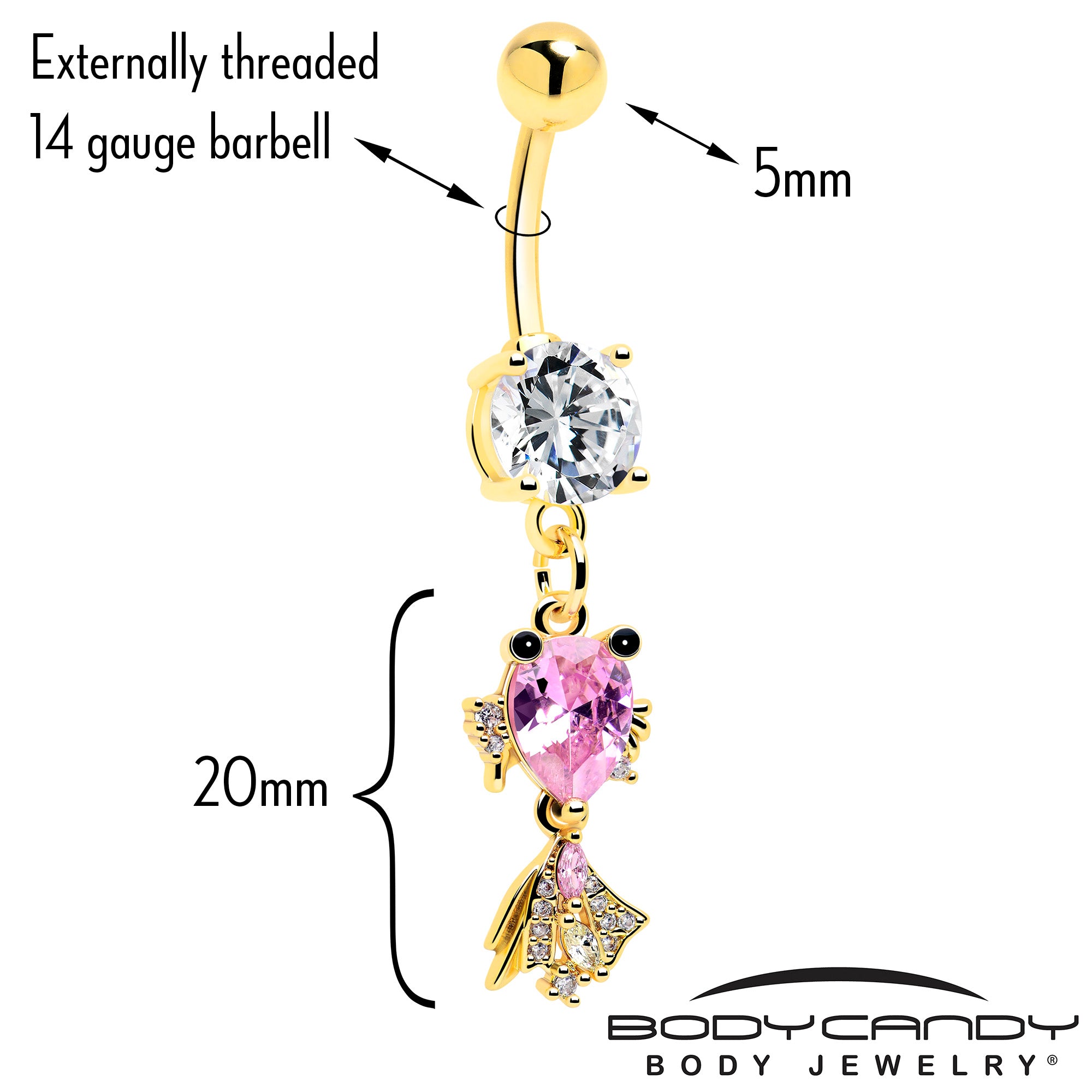 Clear Pink CZ Gem Gold Tone Fanciful Fish Dangle Belly Ring
