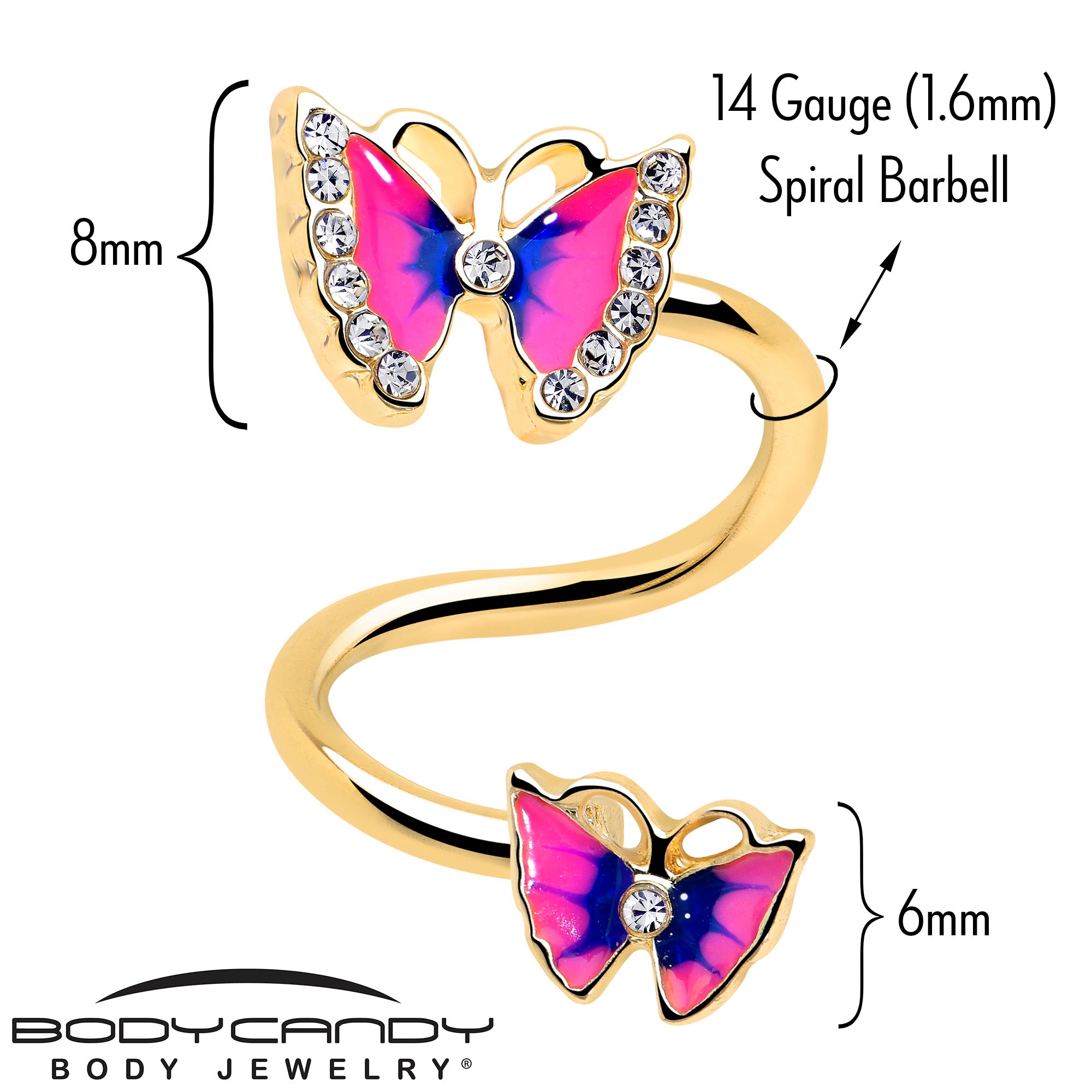 Clear Gem Gold Tone Butterfly Pink Blue Spiral Twister Belly Ring