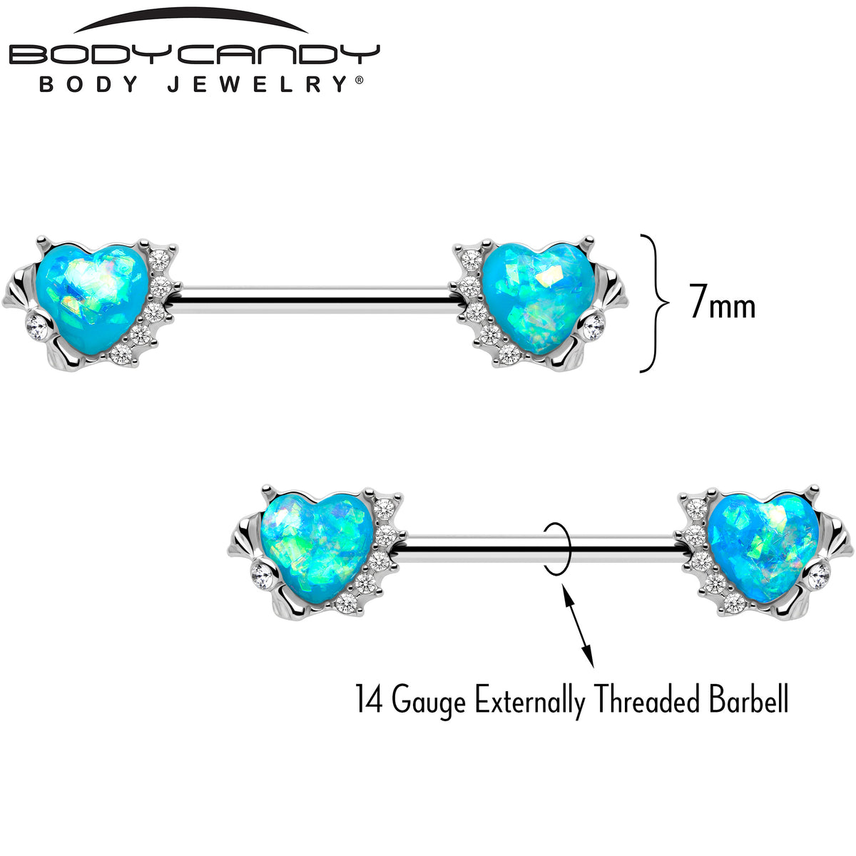 14G 9/16 Blue Faux Opal Sun Heart Barbell Nipple Ring Set