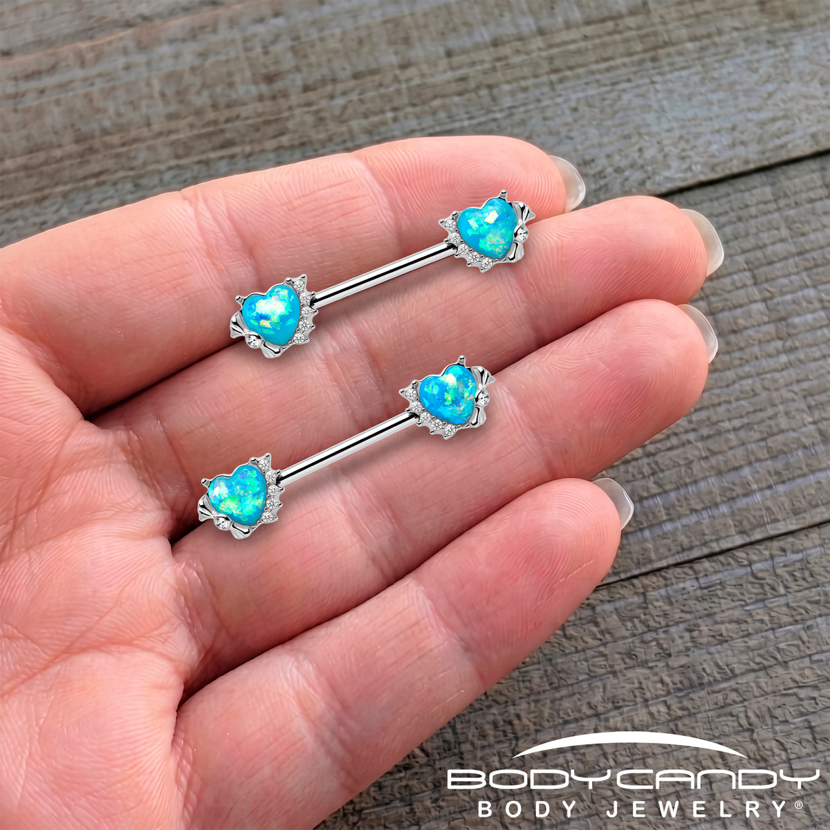 14G 9/16 Blue Faux Opal Sun Heart Barbell Nipple Ring Set