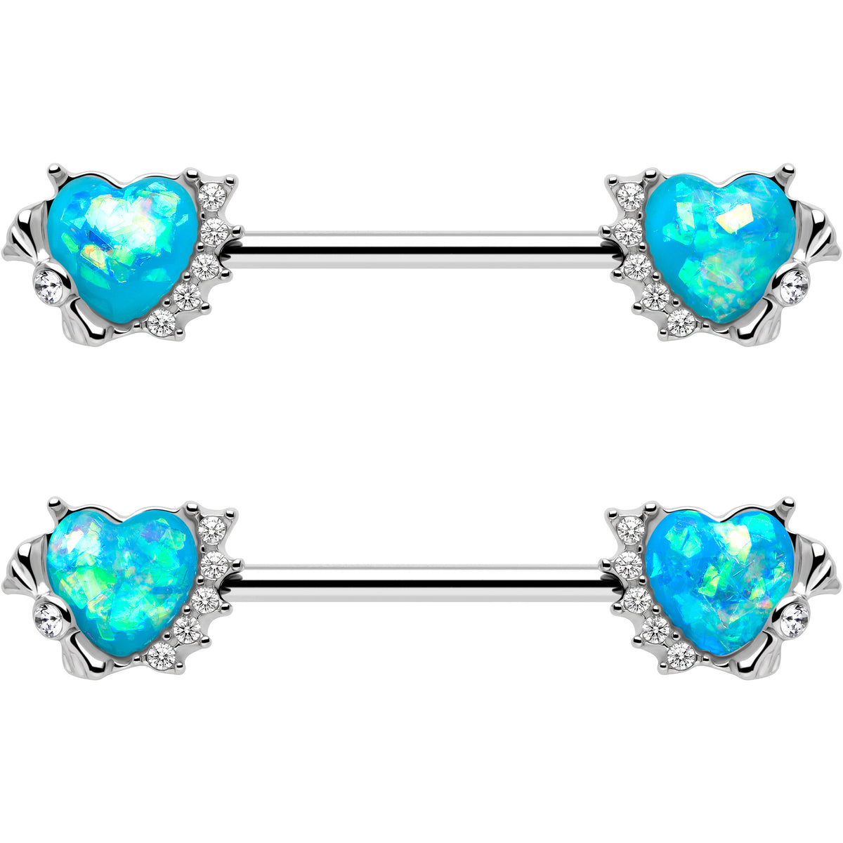 14G 9/16 Blue Faux Opal Sun Heart Barbell Nipple Ring Set