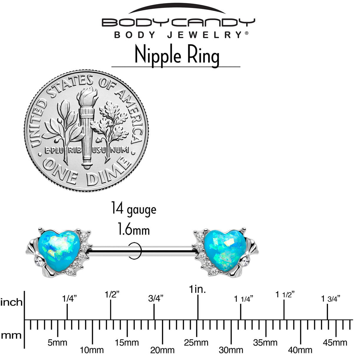 14G 9/16 Blue Faux Opal Sun Heart Barbell Nipple Ring Set