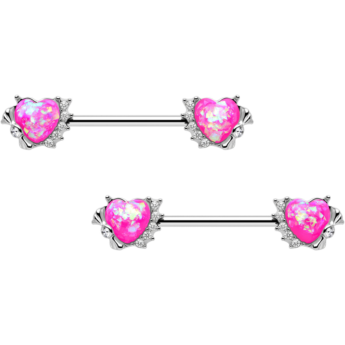 14G 9/16 Pink Faux Opal Sun Heart Barbell Nipple Ring Set