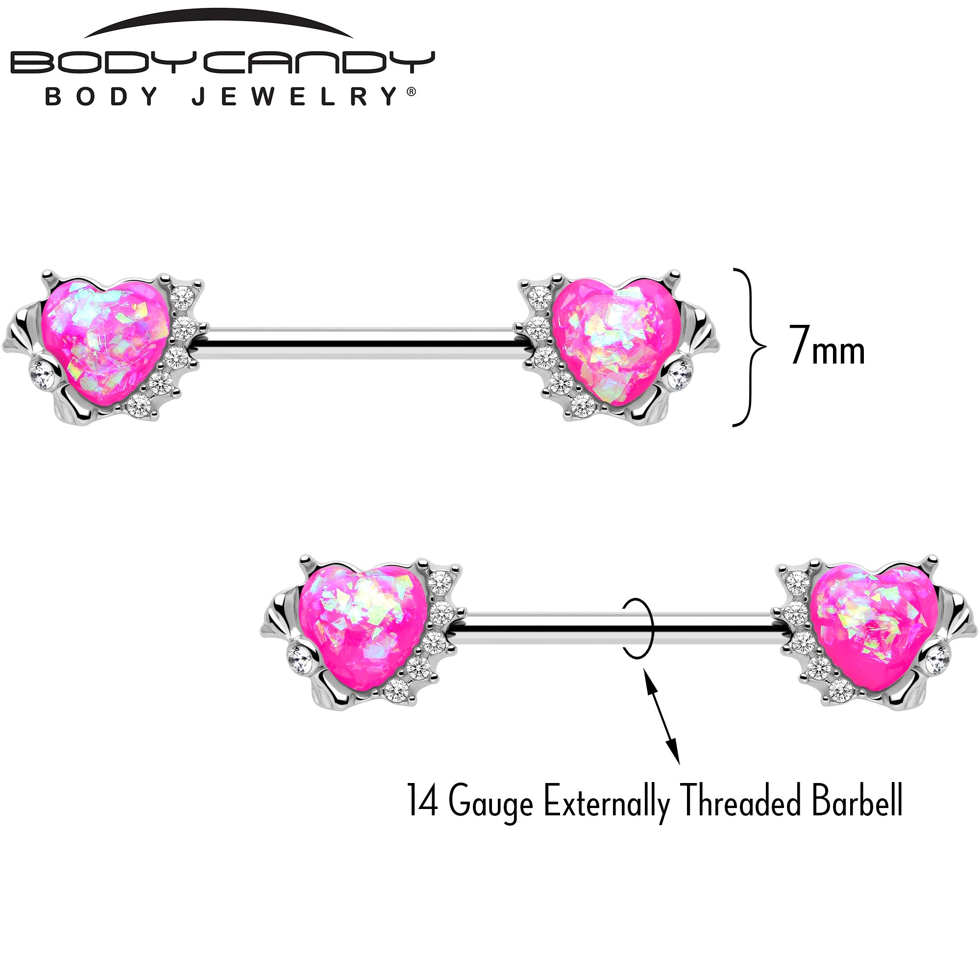 14G 9/16 Pink Faux Opal Sun Heart Barbell Nipple Ring Set