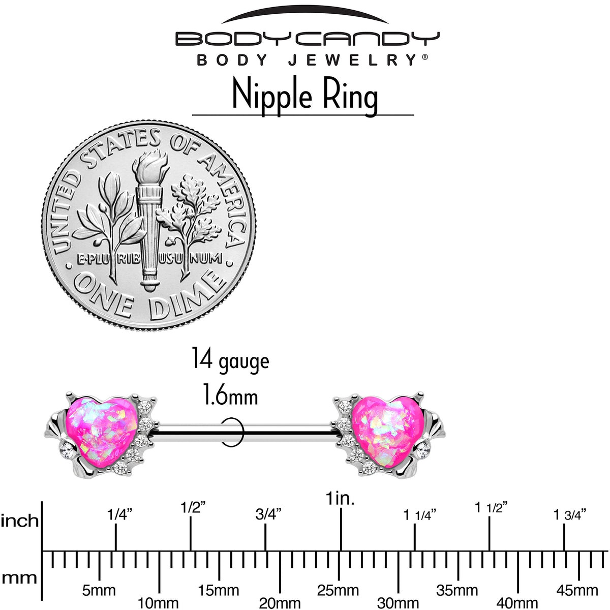 14G 9/16 Pink Faux Opal Sun Heart Barbell Nipple Ring Set