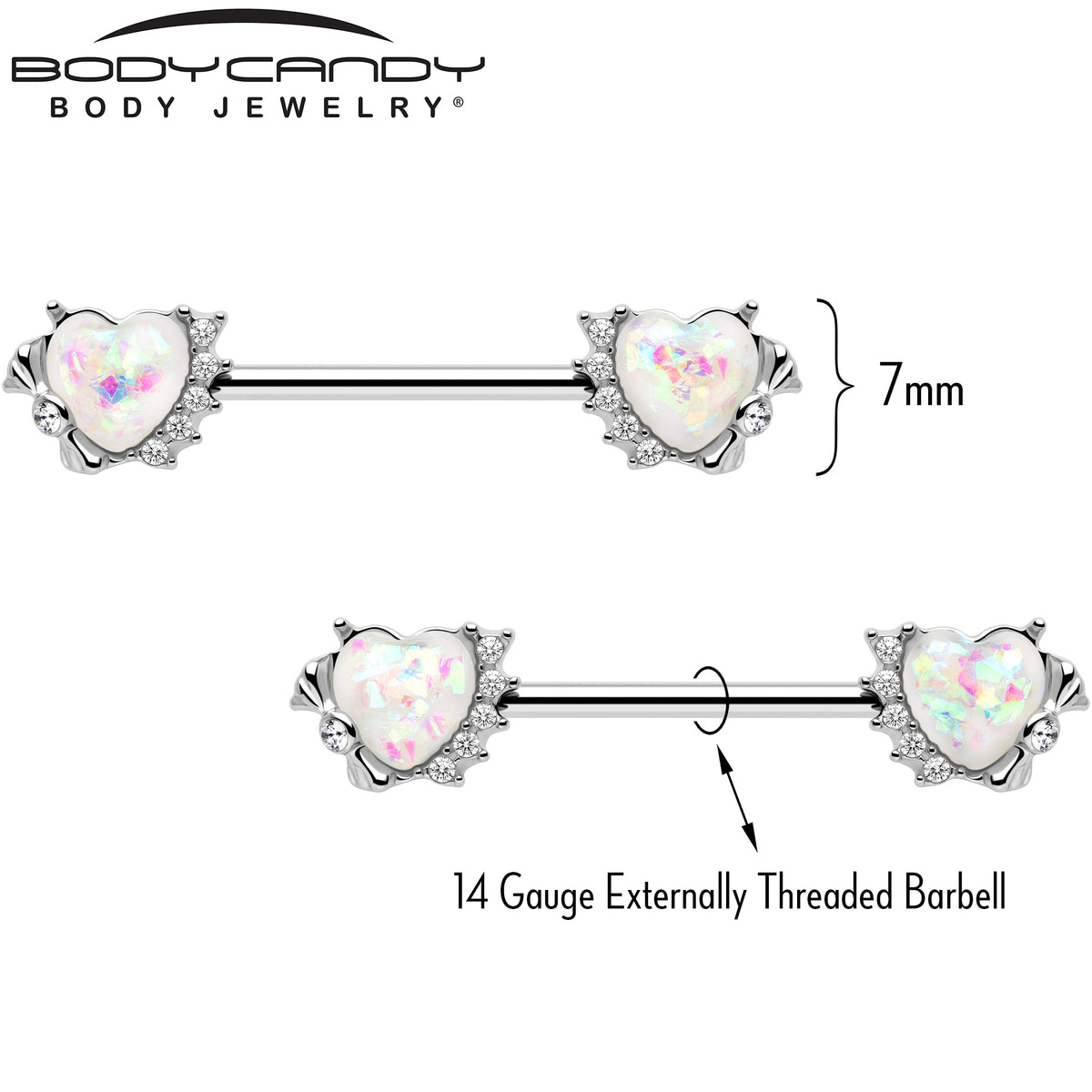 14G 9/16 White Faux Opal Sun Heart Barbell Nipple Ring Set