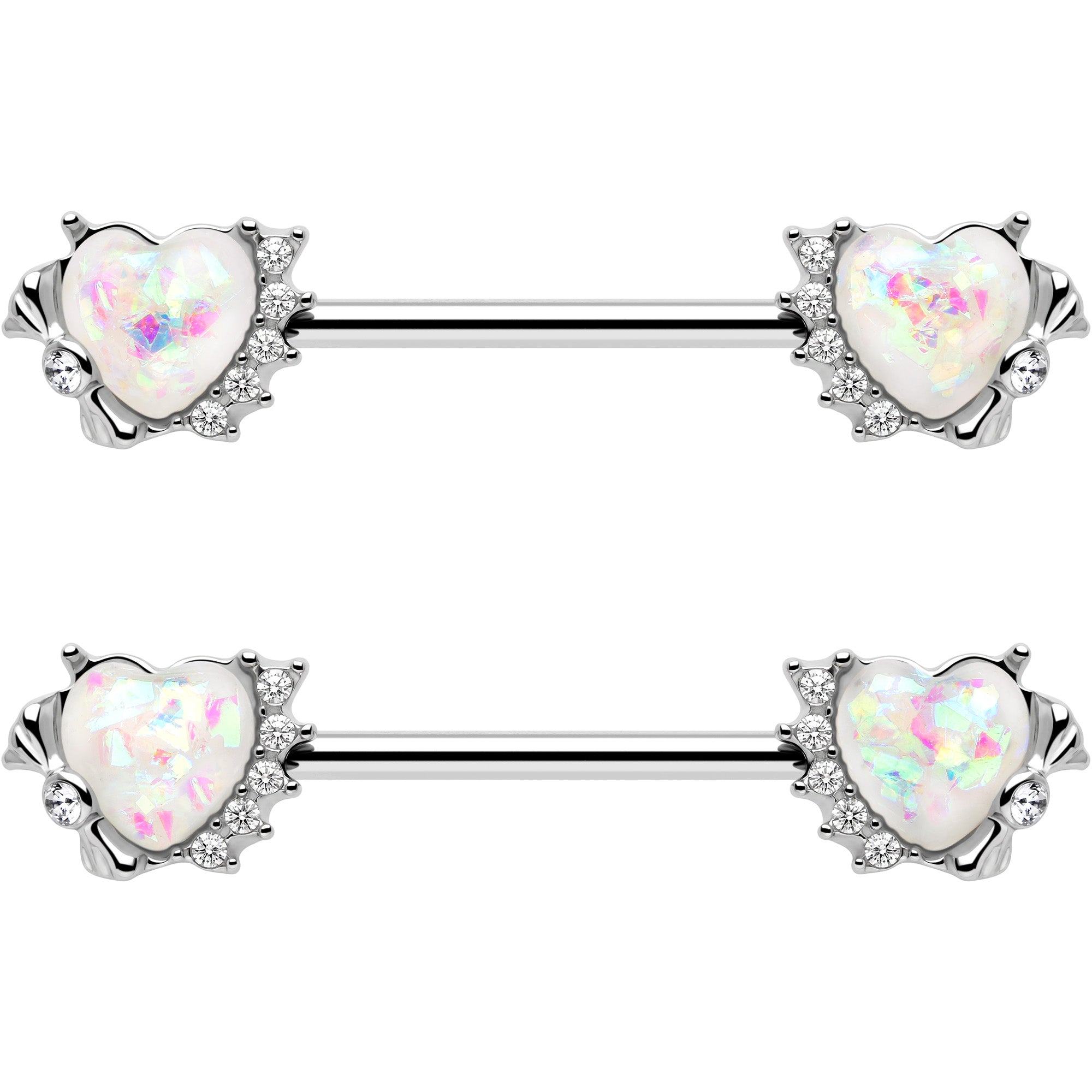 14G 9/16 White Faux Opal Sun Heart Barbell Nipple Ring Set