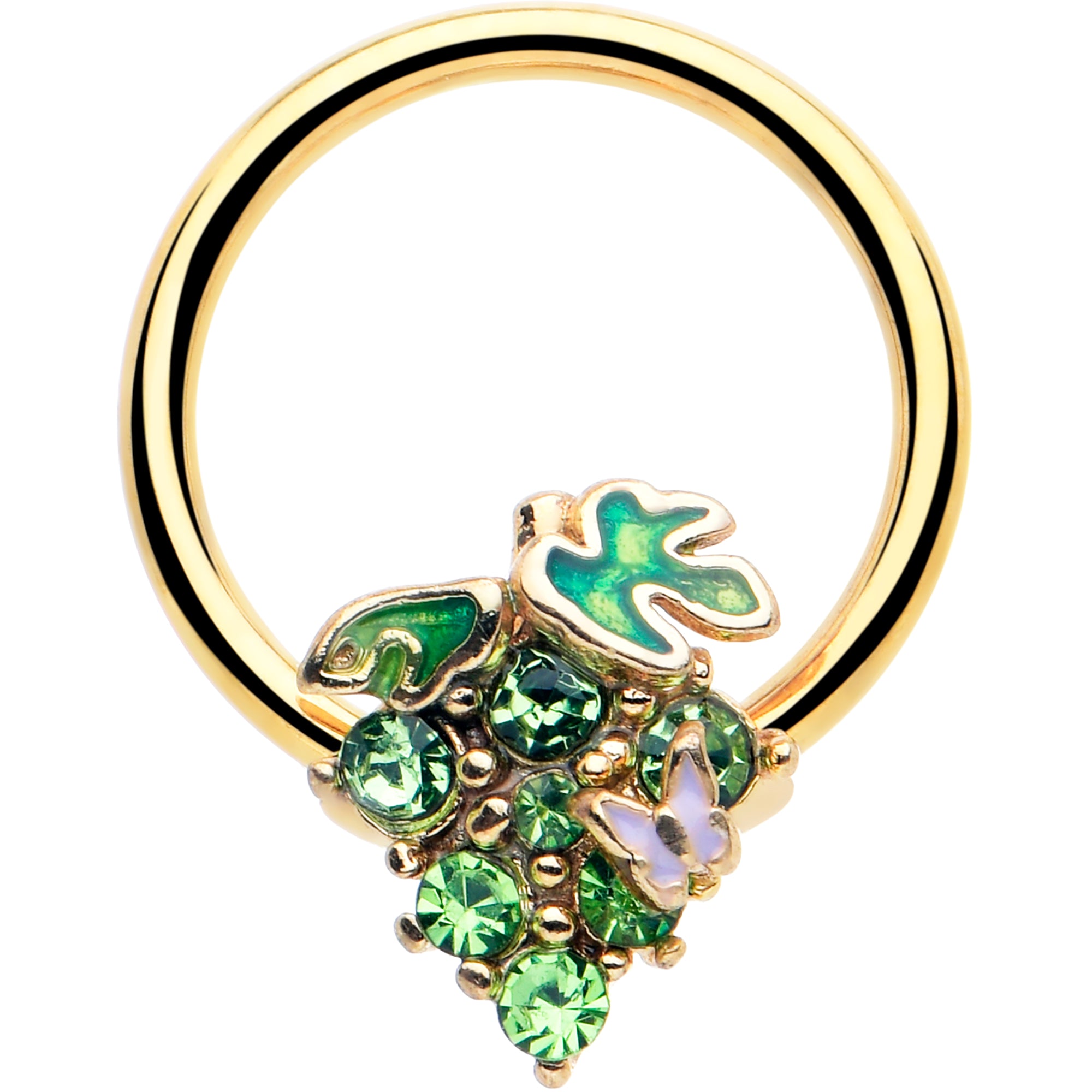 16G 3/8 Green Gem Gold Tone Butterfly Grapes BCR Captive Ring