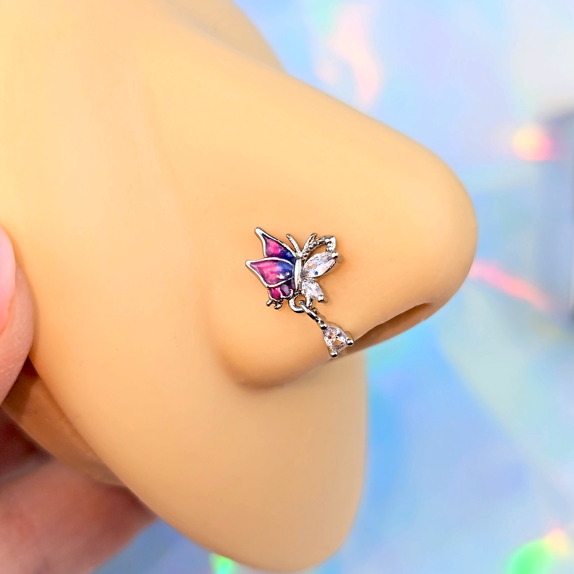 20G 7mm Clear Gem Purples Dazzling Butterfly L Shape Nose Ring