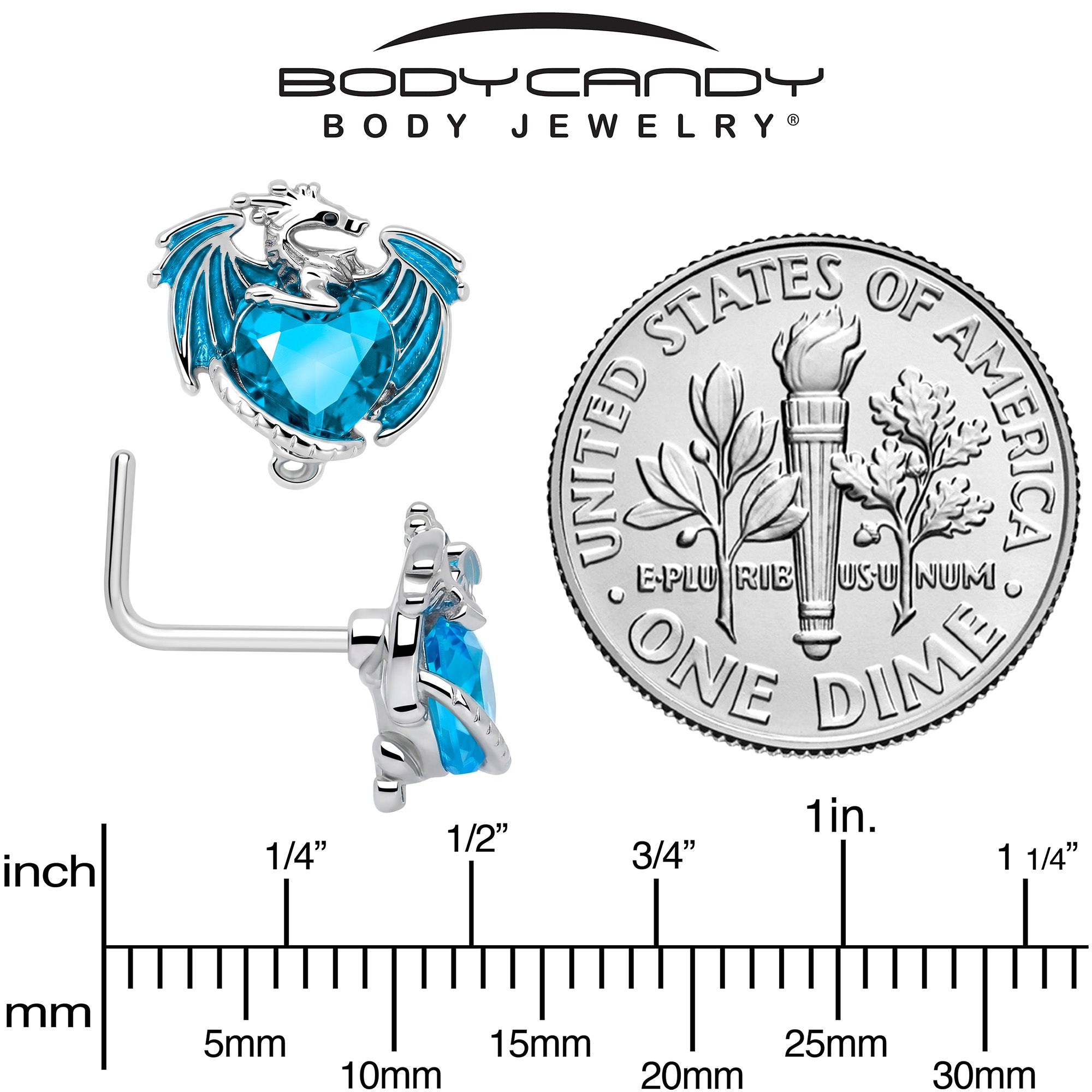 20G 7mm Blue CZ Gem Heart of Dragon L Shape Nose Ring