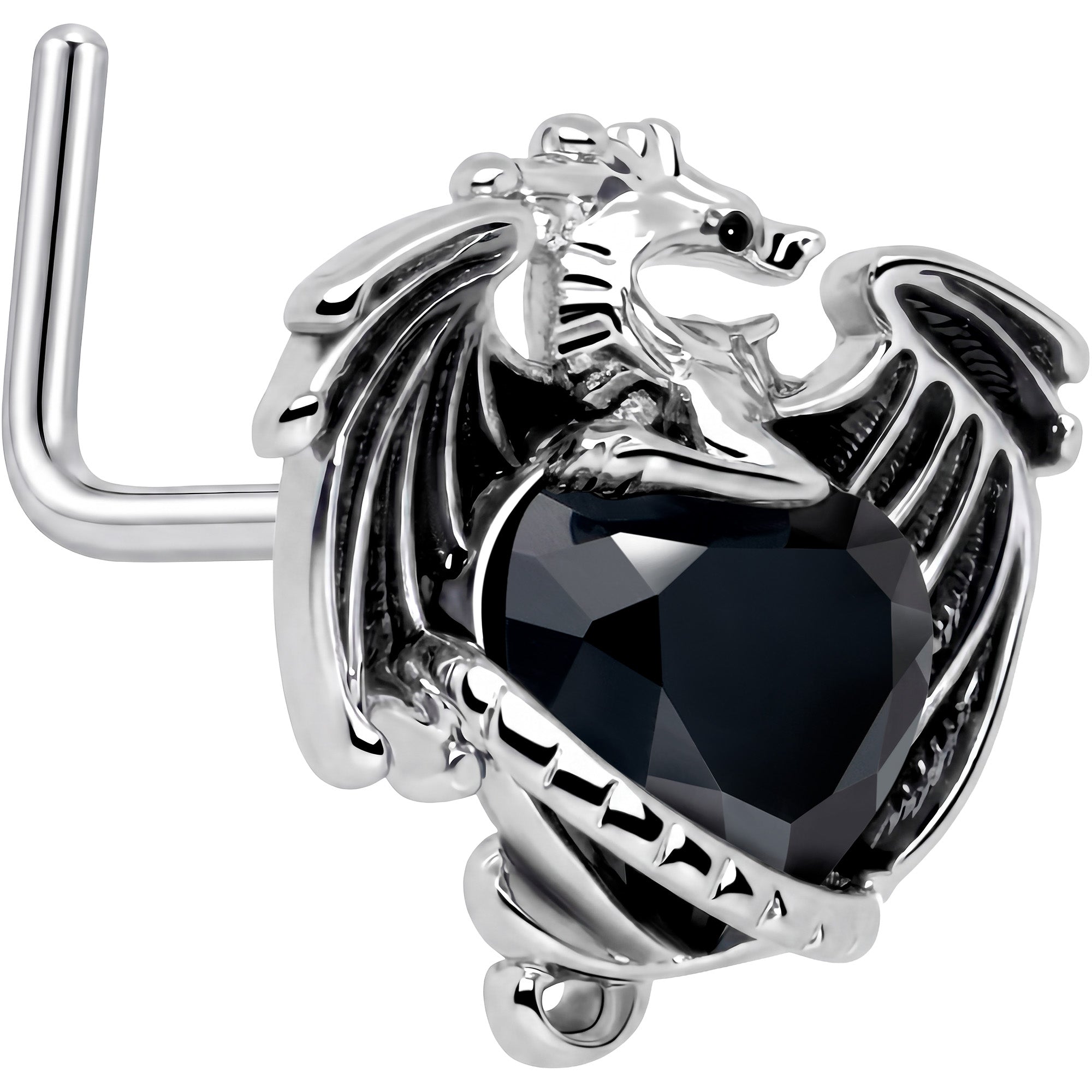 20G 7mm Black CZ Gem Heart of Dragon L Shape Nose Ring