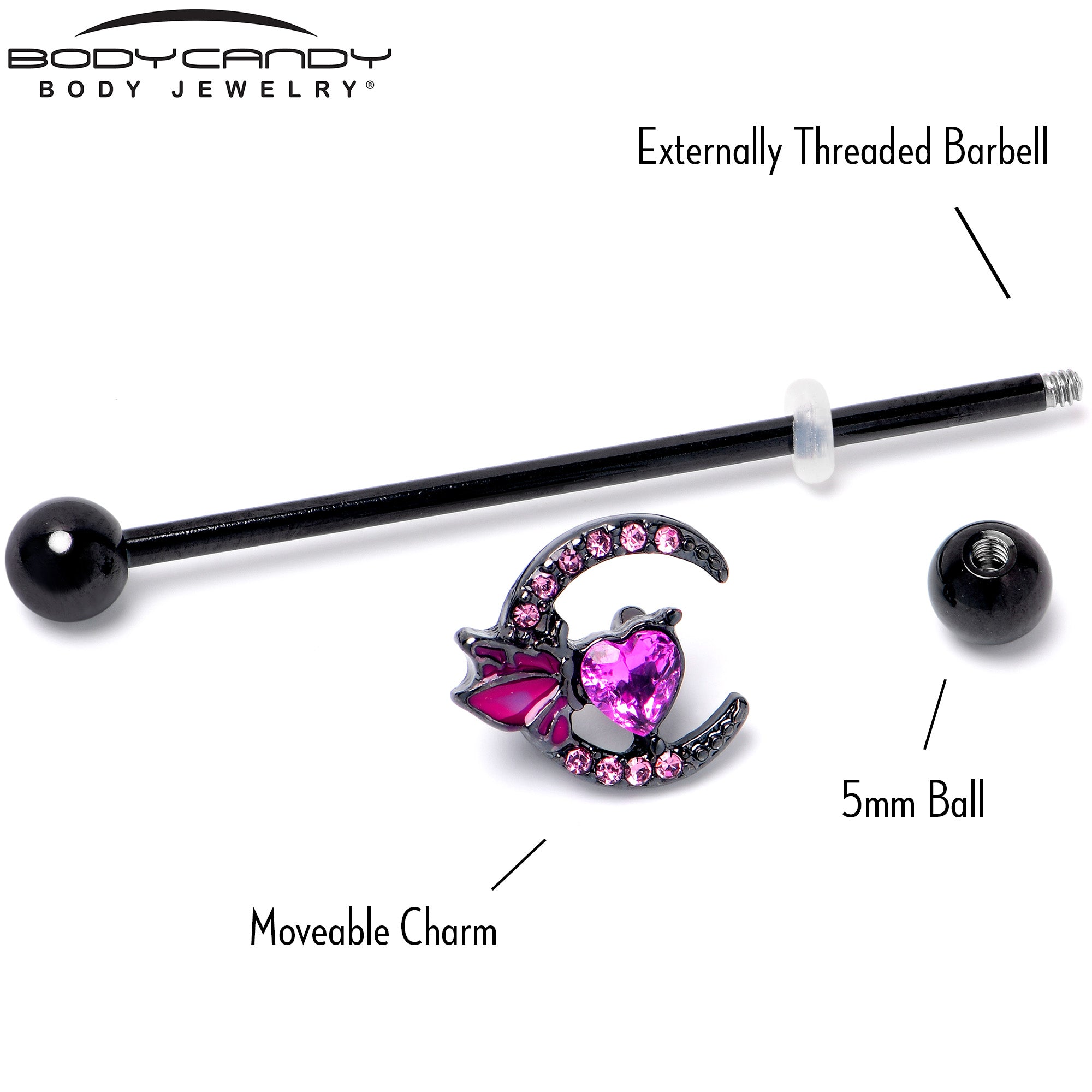 14G Pink Gem Black Moon Heart Butterfly Industrial Barbell 38mm