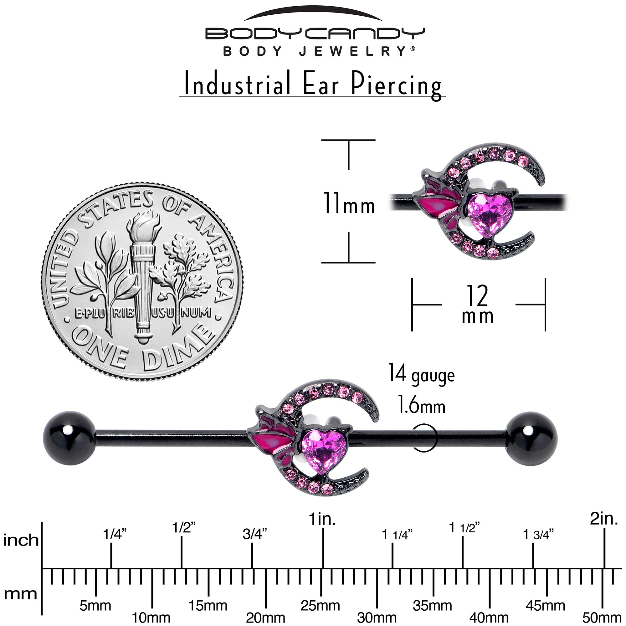 14G Pink Gem Black Moon Heart Butterfly Industrial Barbell 38mm