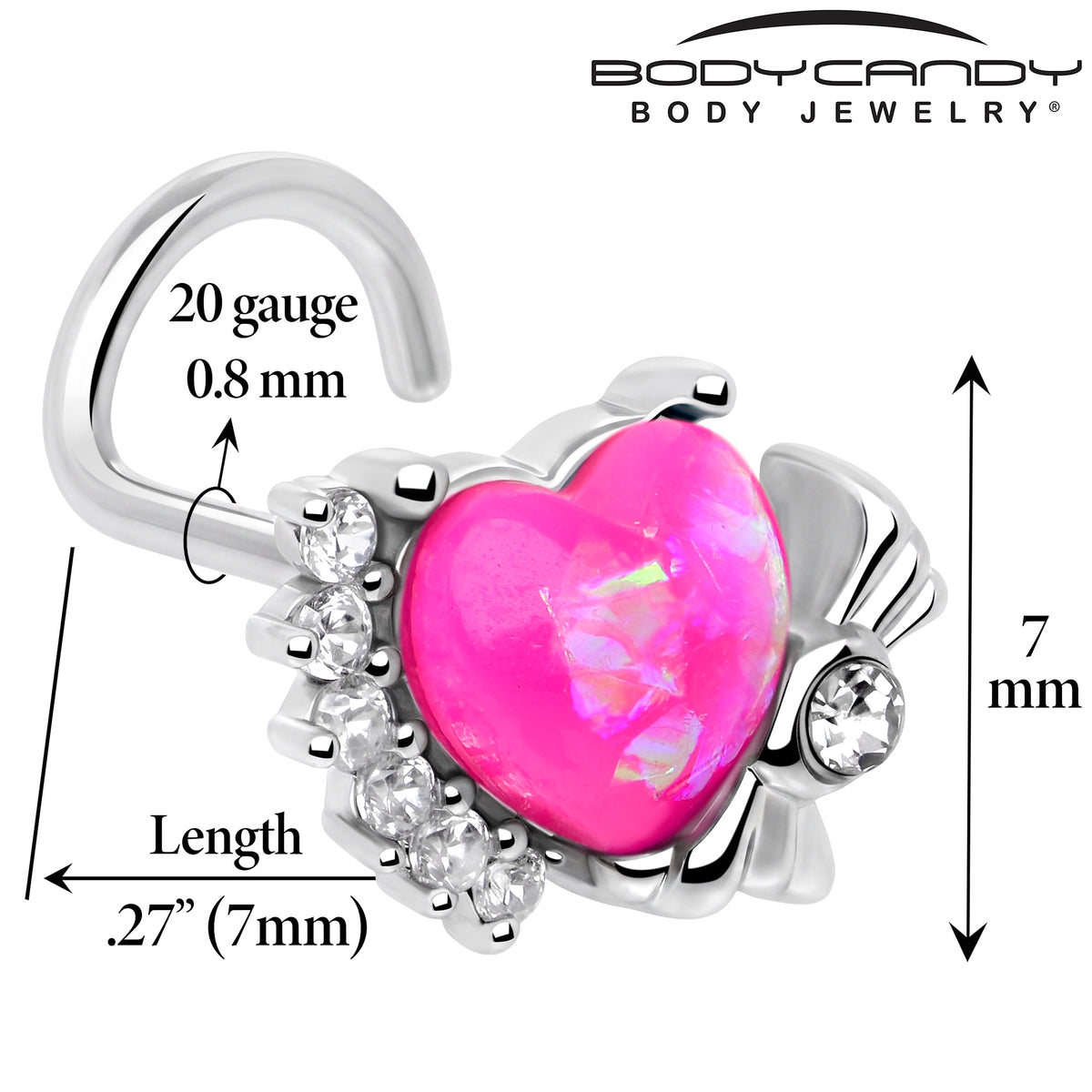 20G 7mm Pink Faux Opal Sunny Heart Left Side Nose Screw