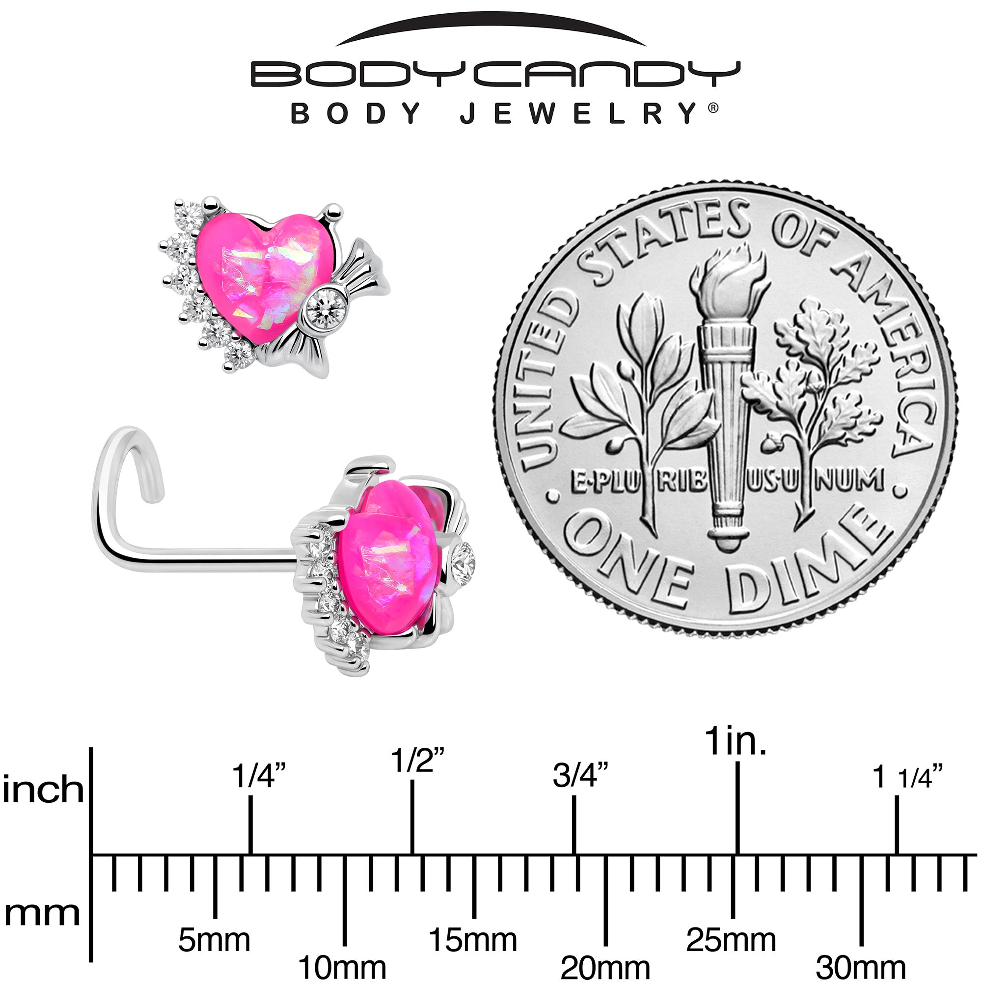 20G 7mm Pink Faux Opal Sunny Heart Left Side Nose Screw