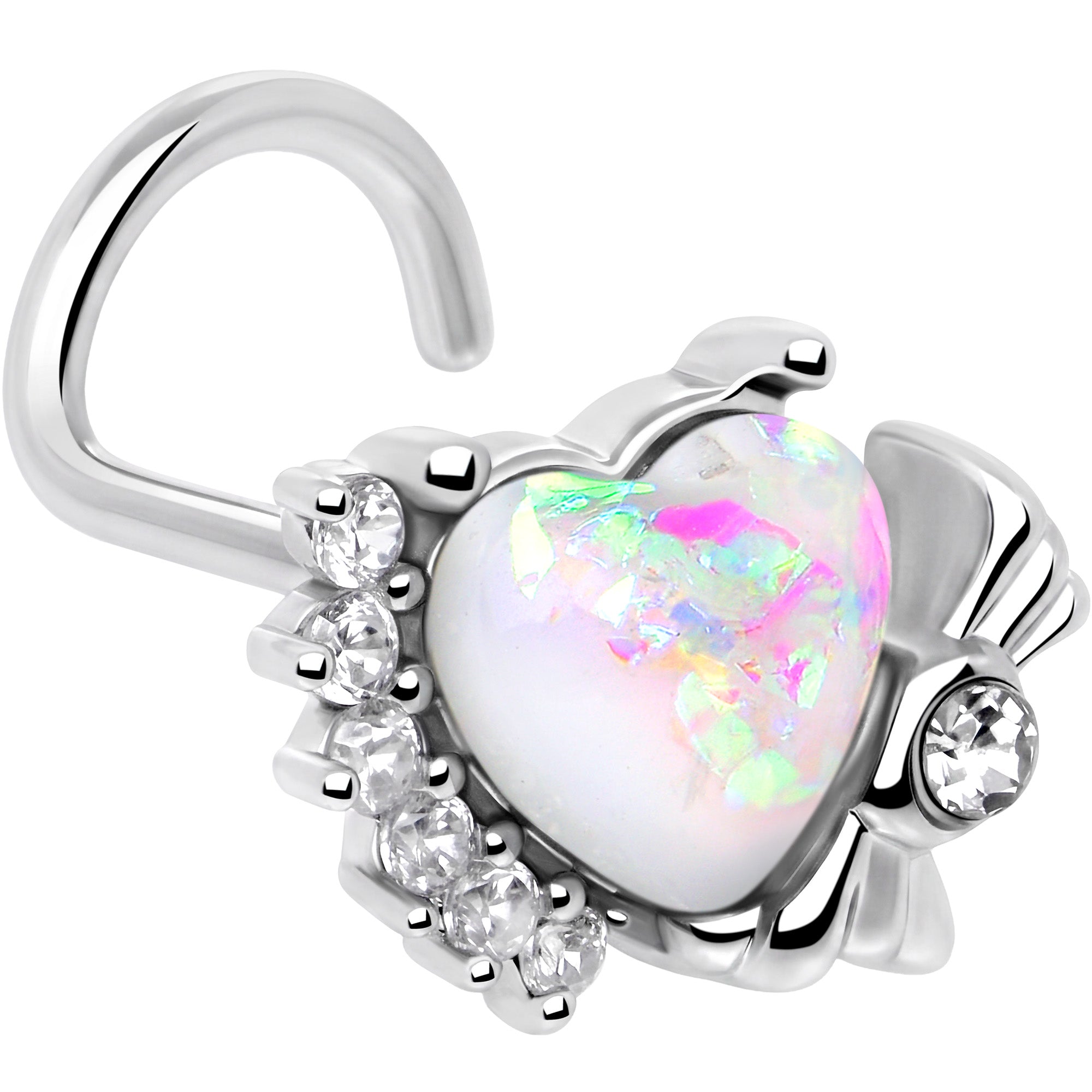 20G 7mm White Faux Opal Sunny Heart Left Side Nose Screw
