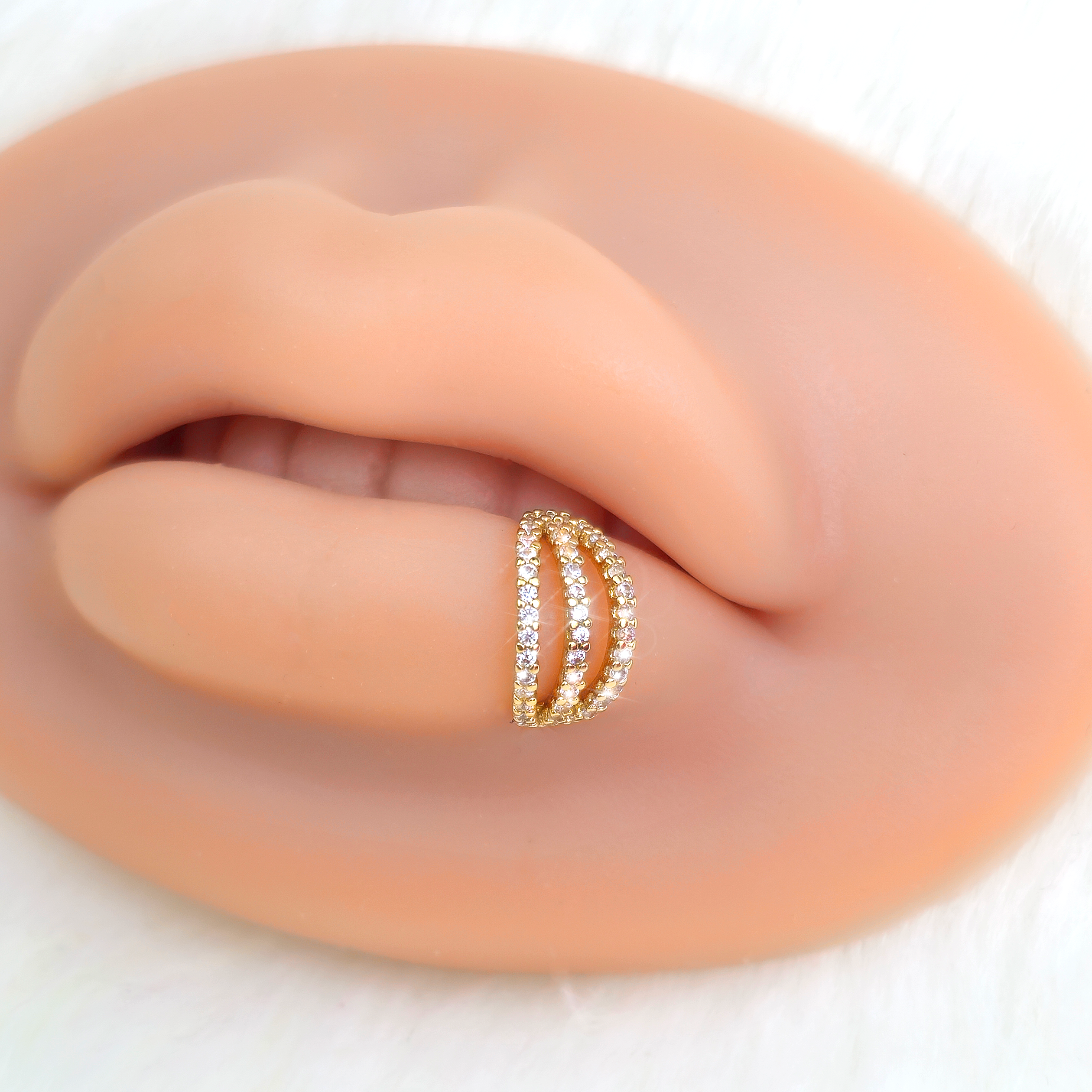 18G 3/8 Clear CZ Gem Gold Tone Faux Triple Hoop Closure Ring