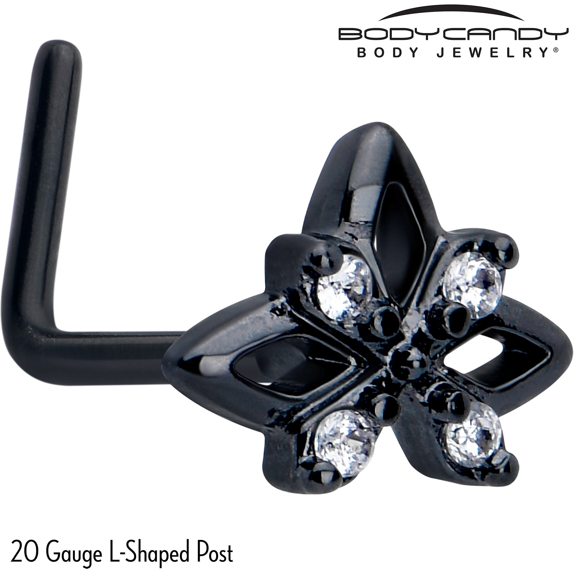 20 gauge clear CZ gem black gothic star L-shaped nose ring