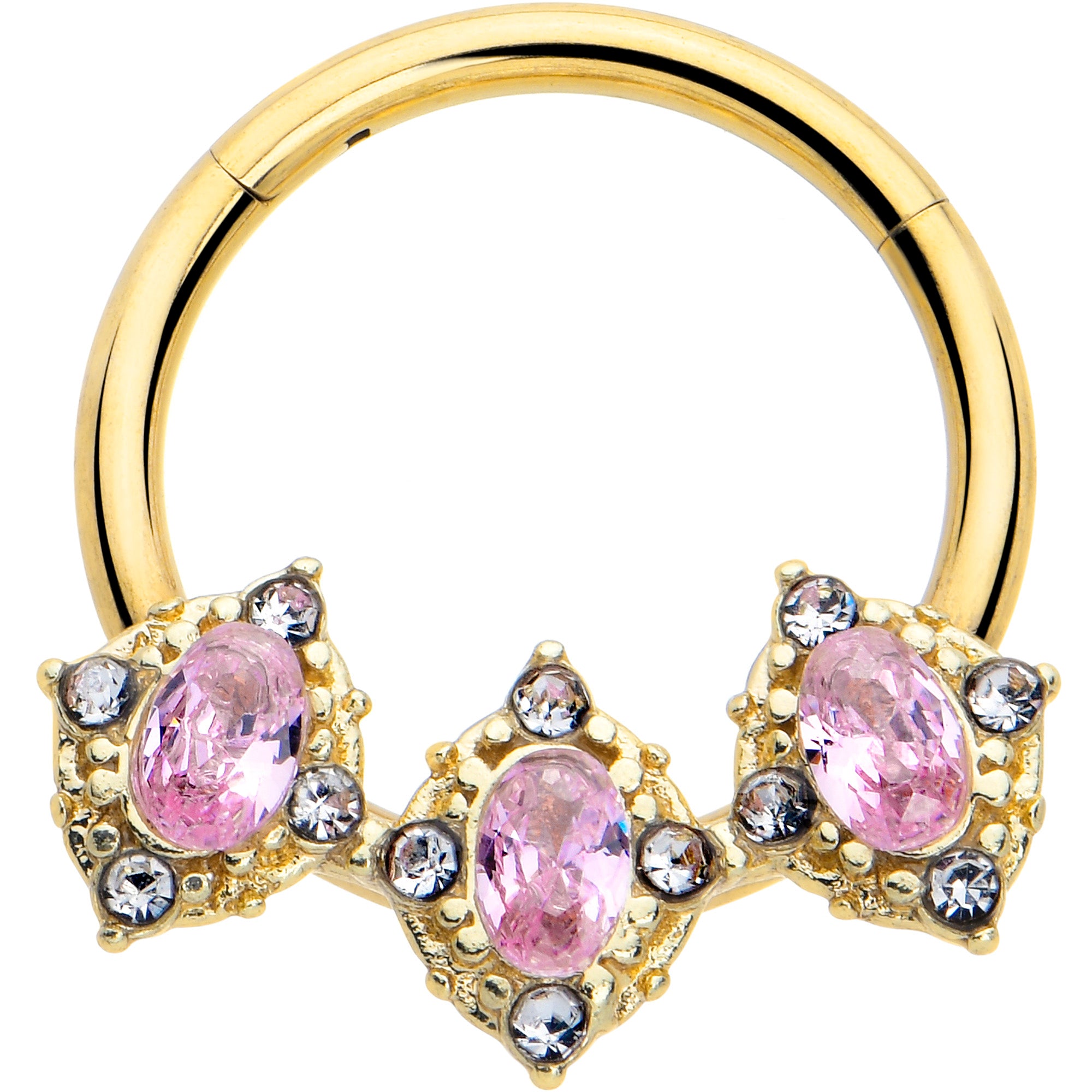 16G 3/8 Pink Tourmaline Gold Tone Wondrous Trio Hinged Segment Ring