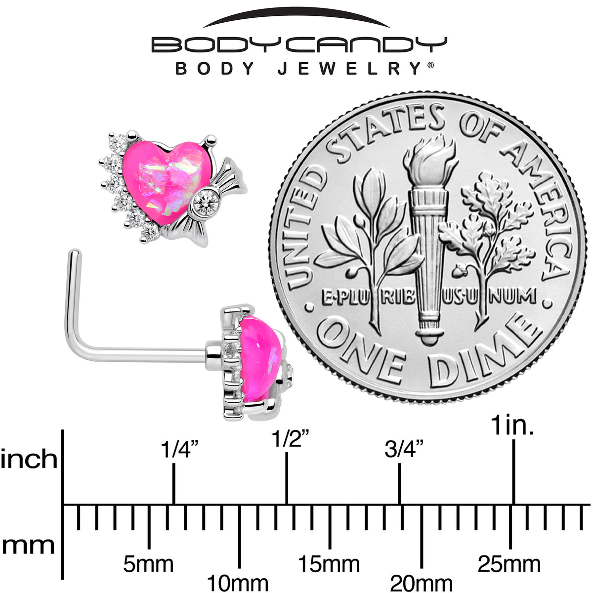 20G 7mm Pink Faux Opal Sunny Heart L Shape Nose Ring