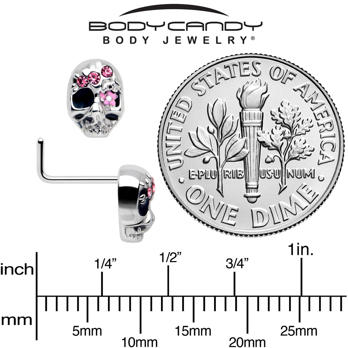 20G 7mm Pink CZ Gem Stylish Skull L Shape Nose Ring