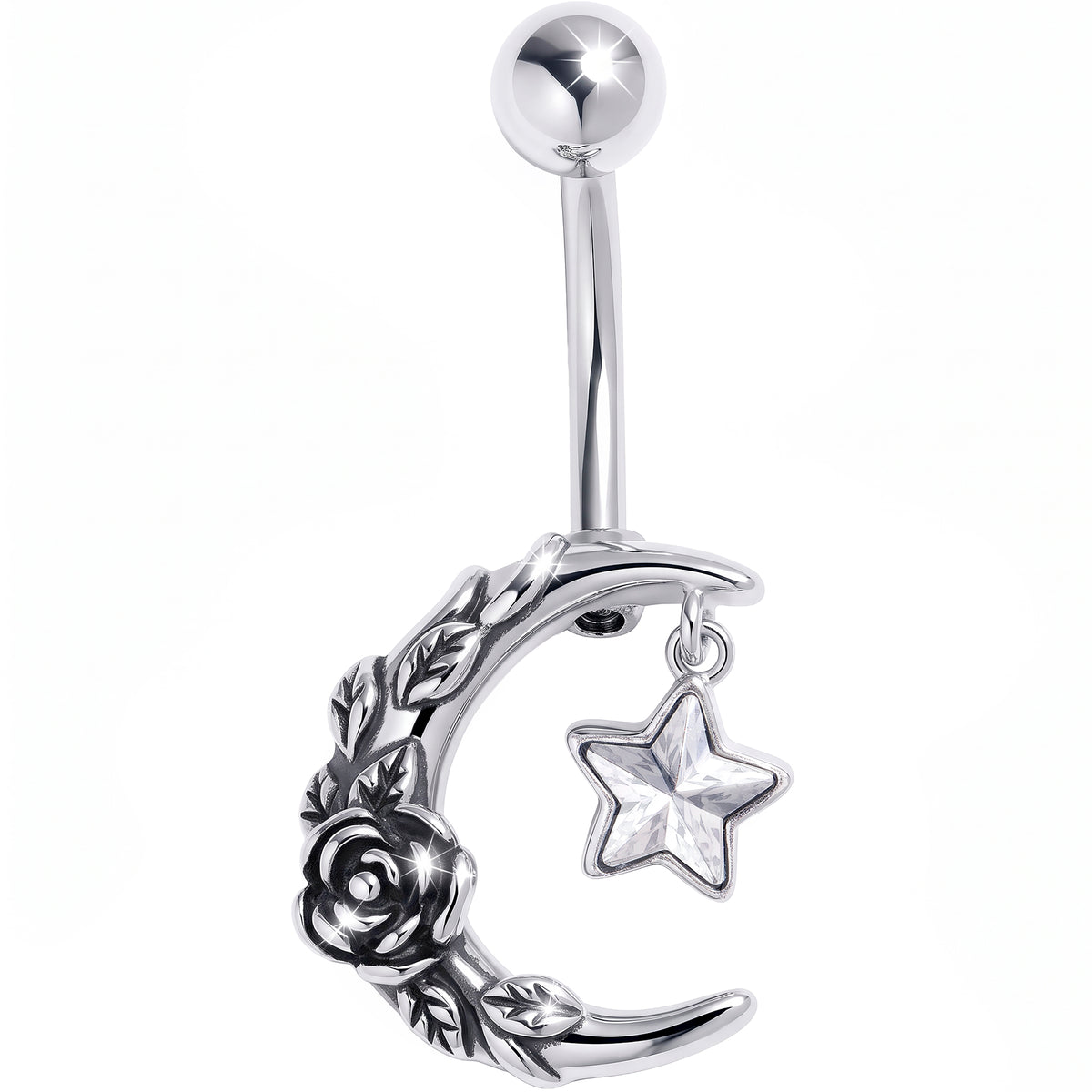 Clear Gem Ornate Moon Star Belly Ring