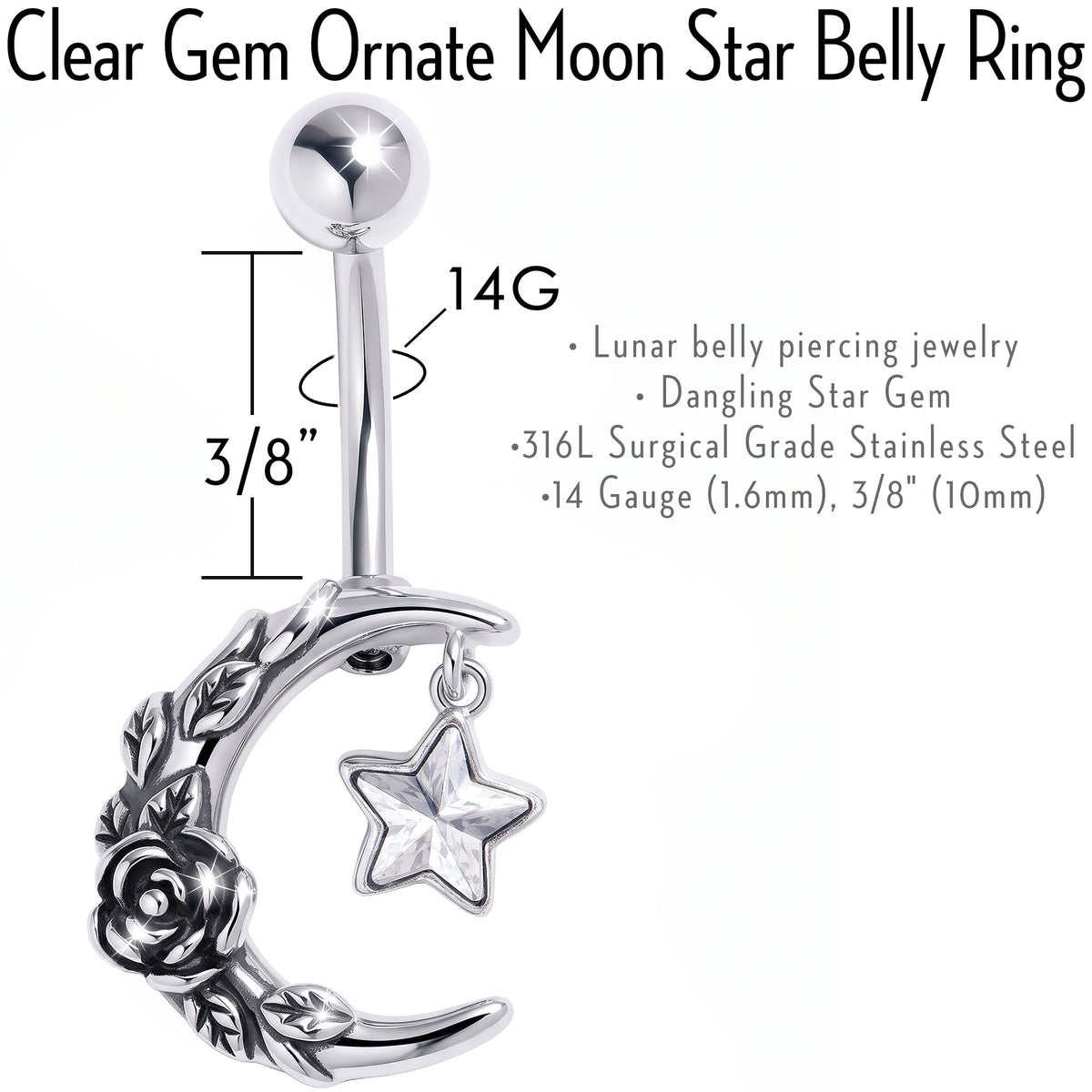 Clear Gem Ornate Moon Star Belly Ring
