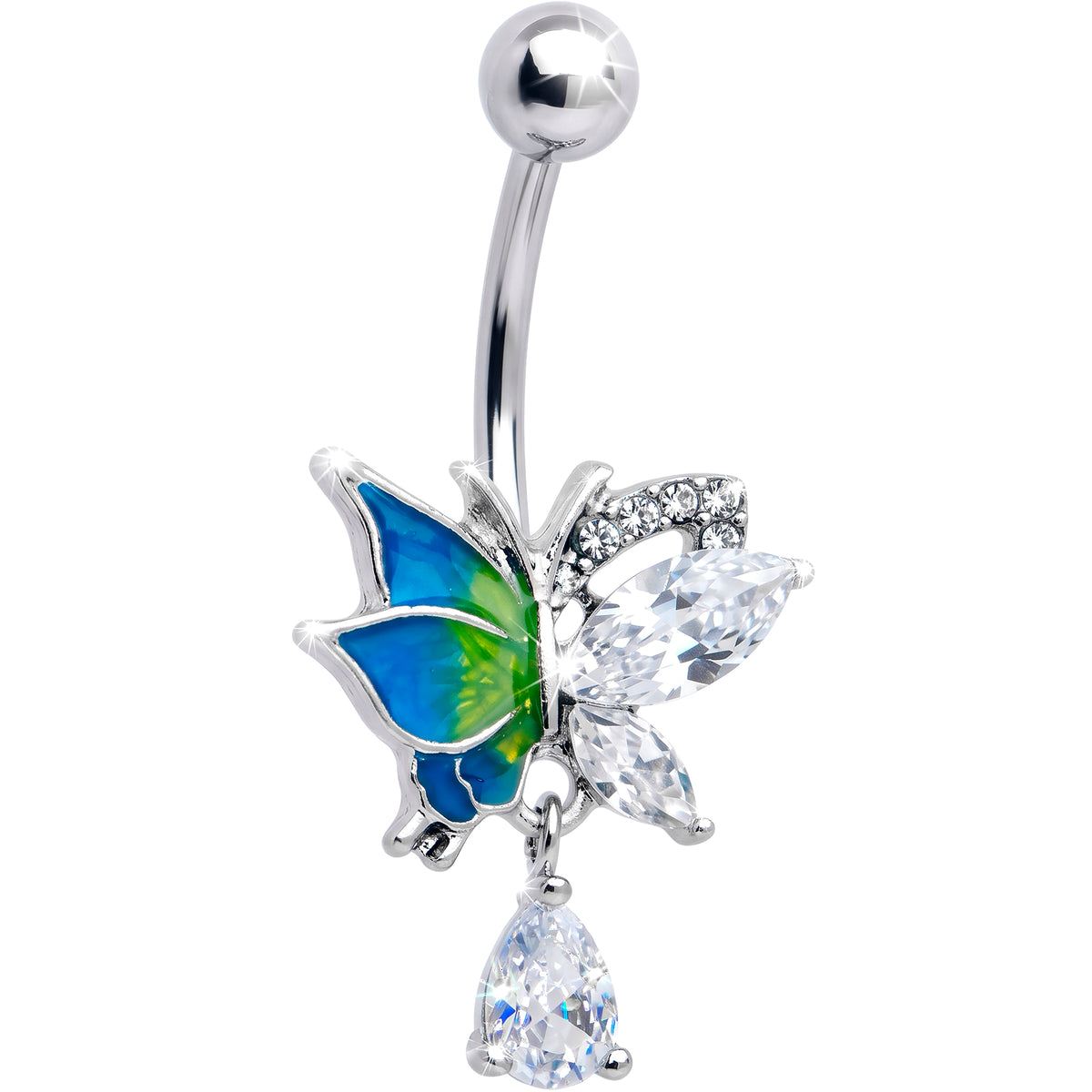 Clear CZ Gem Dazzling Beauty Butterfly Dangle Belly Ring