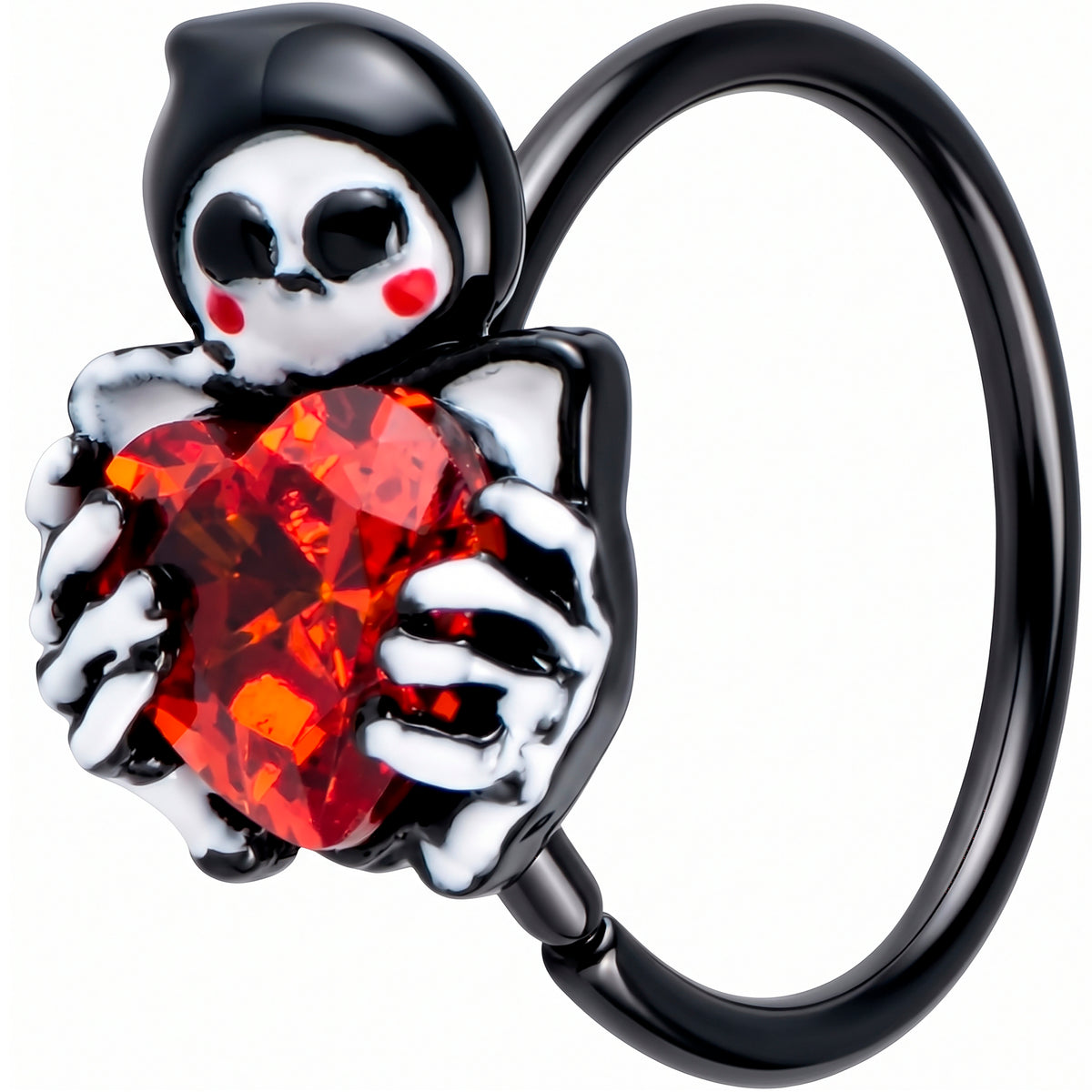 20G 5/16 Red CZ Gem Black Skeleton Heart Nose Hoop