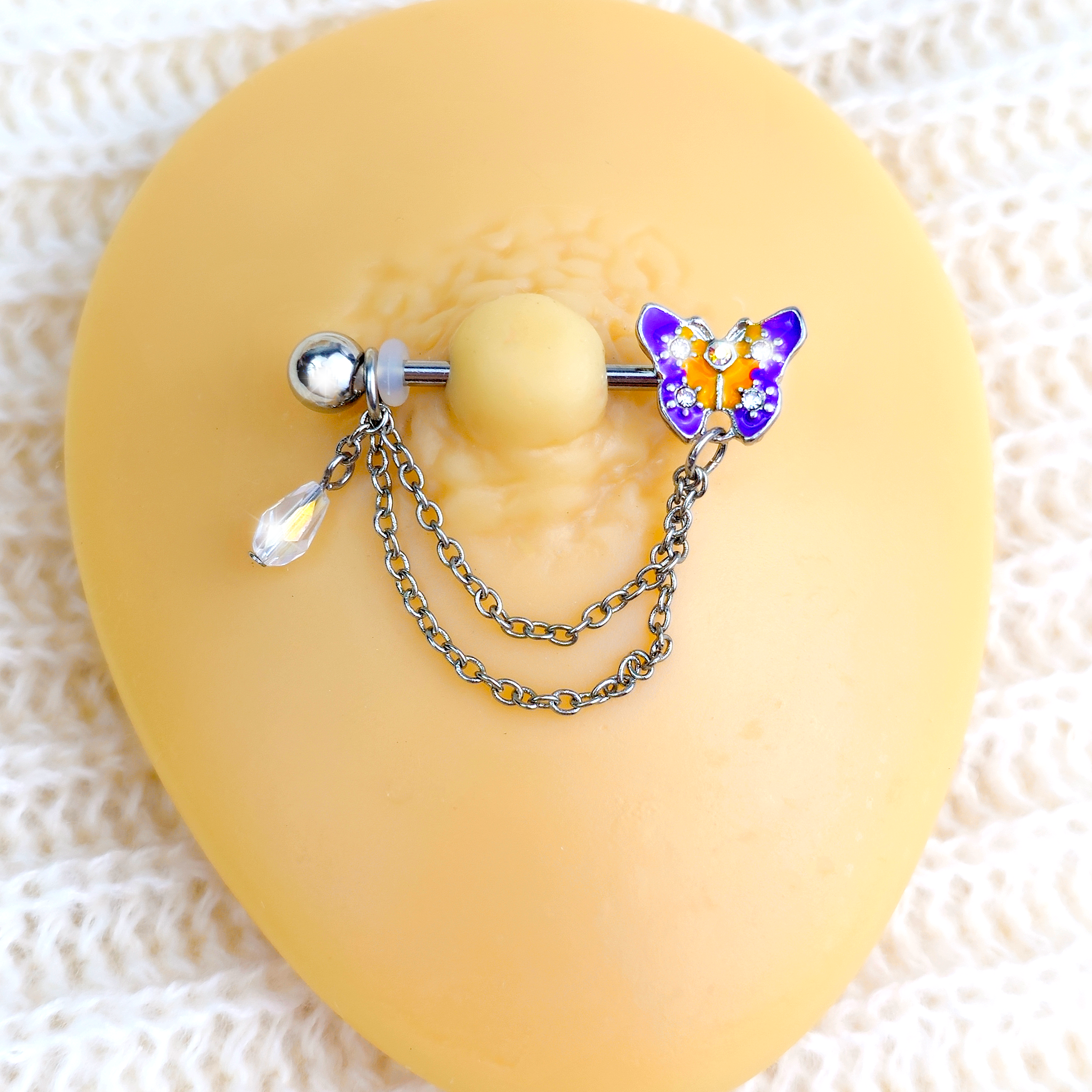 14G 9/16 Clear Gem Purple Yellow Butterfly Dangle Nipple Ring Set