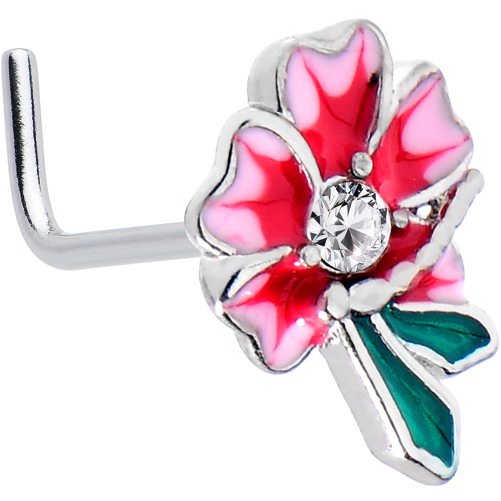 20G 1/4 Clear Gem Faerie Flower Pink L Shape Nose Ring