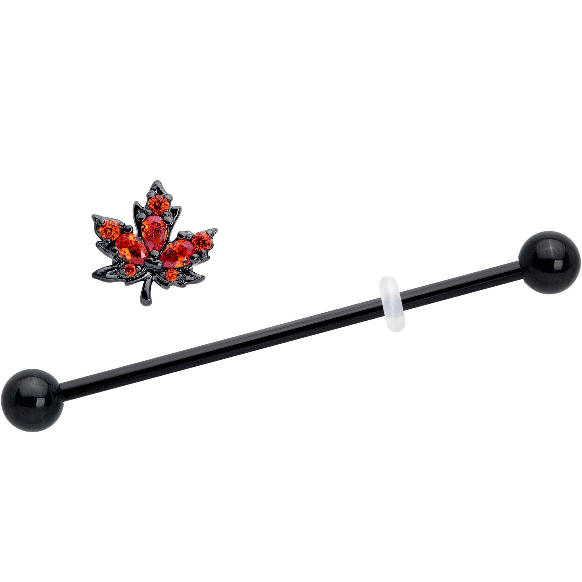 14 Gauge Black Autumn Leaf Industrial Barbell with Orange CZ Gem - 38mm