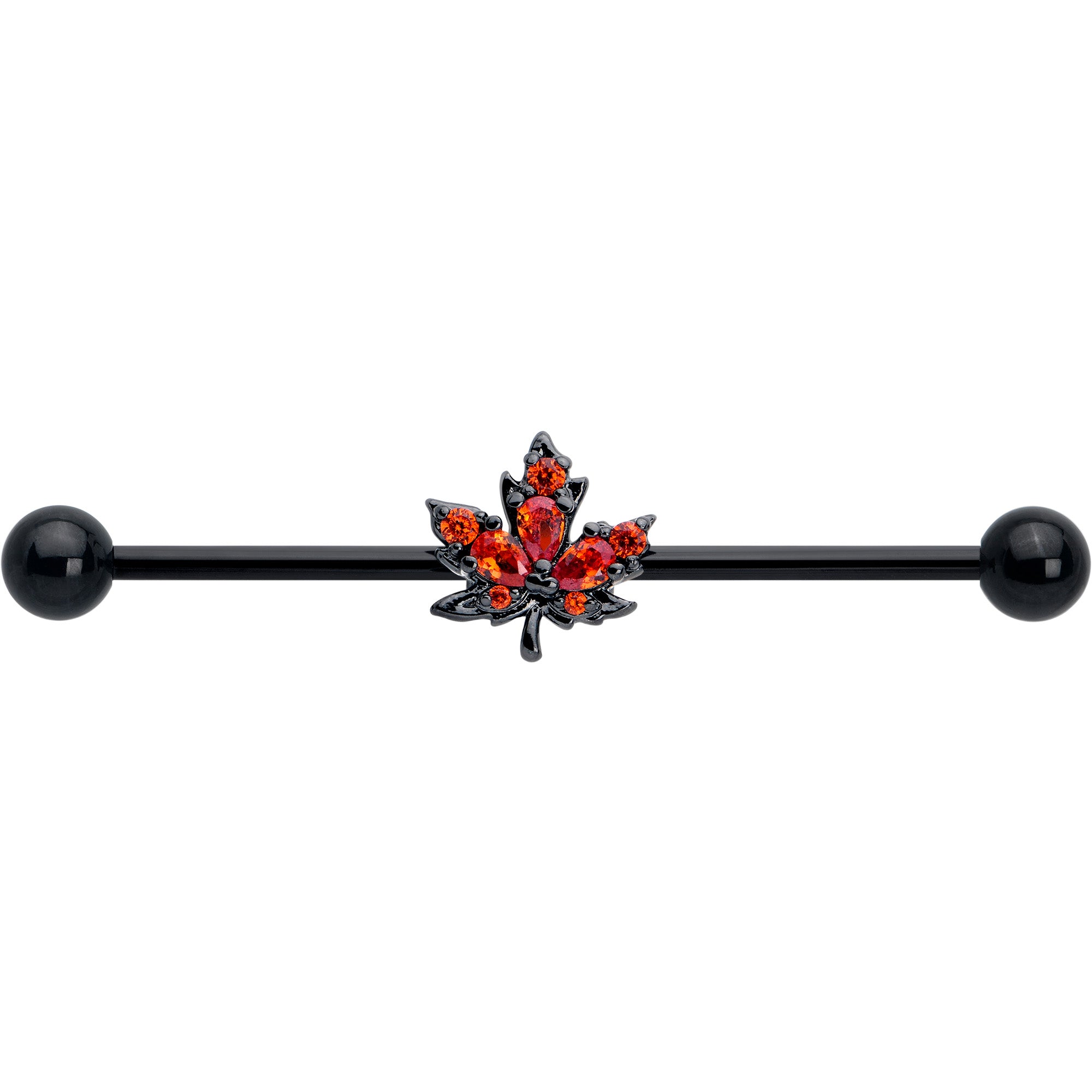 38mm Black Autumn Leaf Industrial Barbell with 14 Gauge Orange CZ Gem