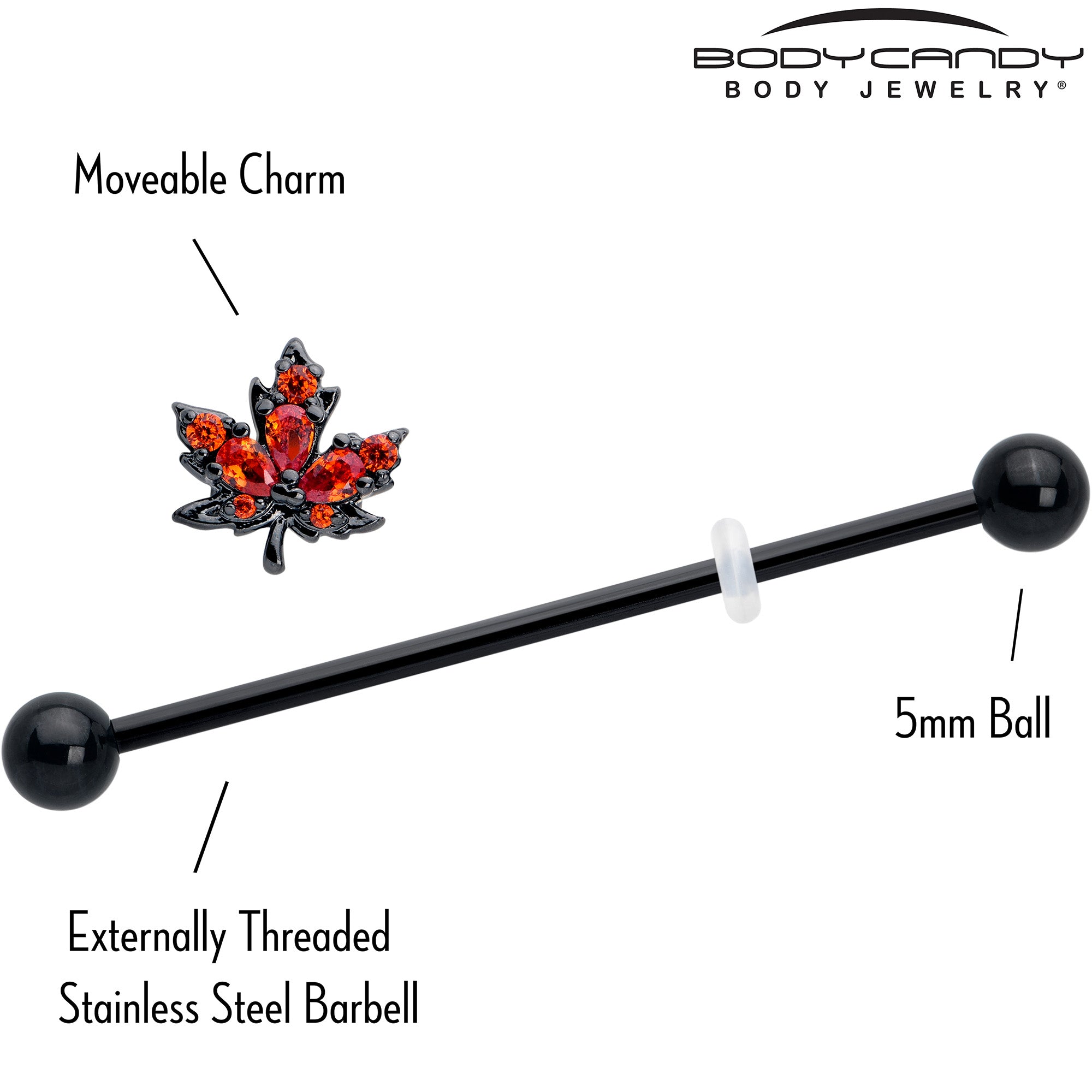 Orange CZ Gem on 14 Gauge Black Autumn Leaf Industrial Barbell - 38mm
