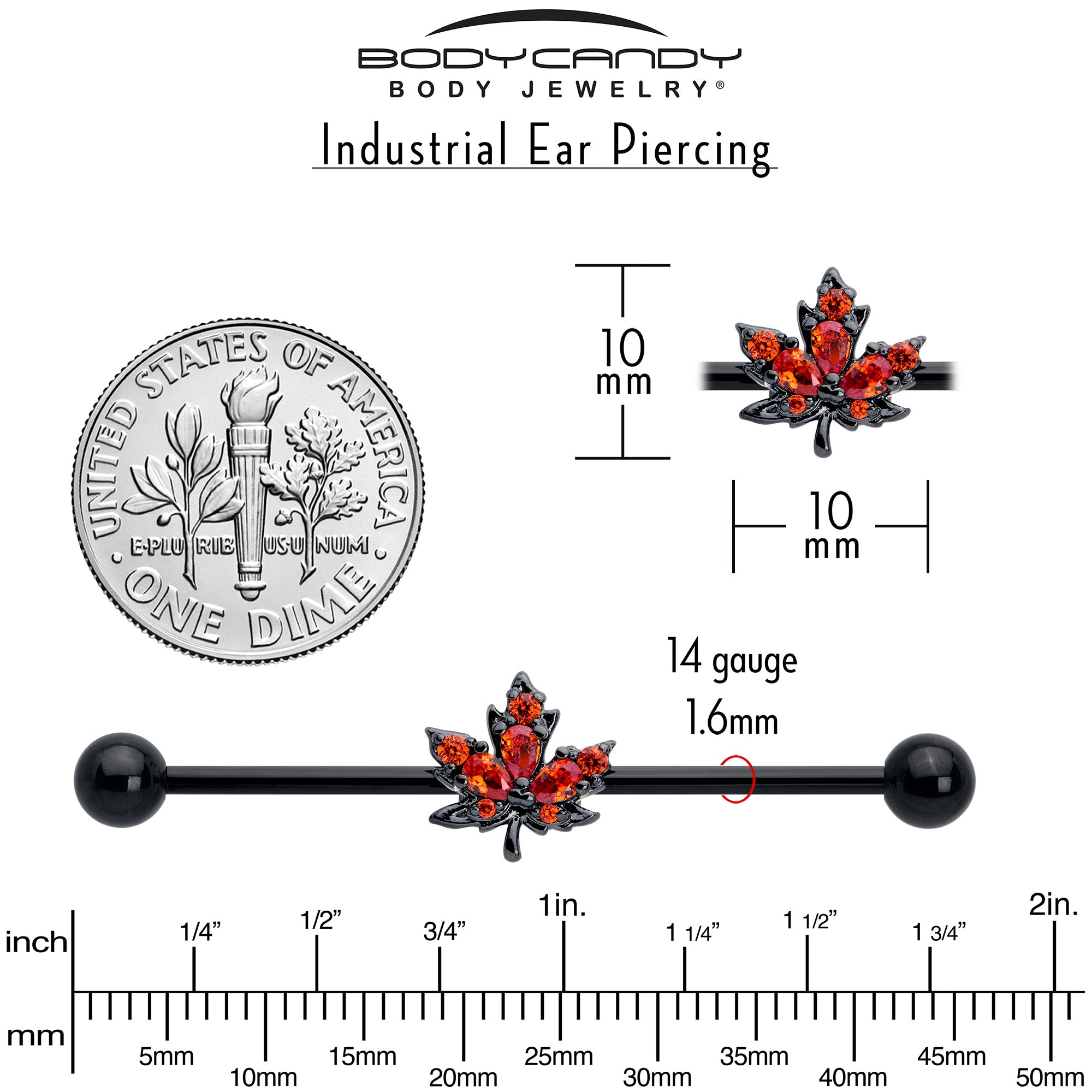 14 Gauge Industrial Barbell with Black Autumn Leaf Design and Orange CZ Gem - 38mm
