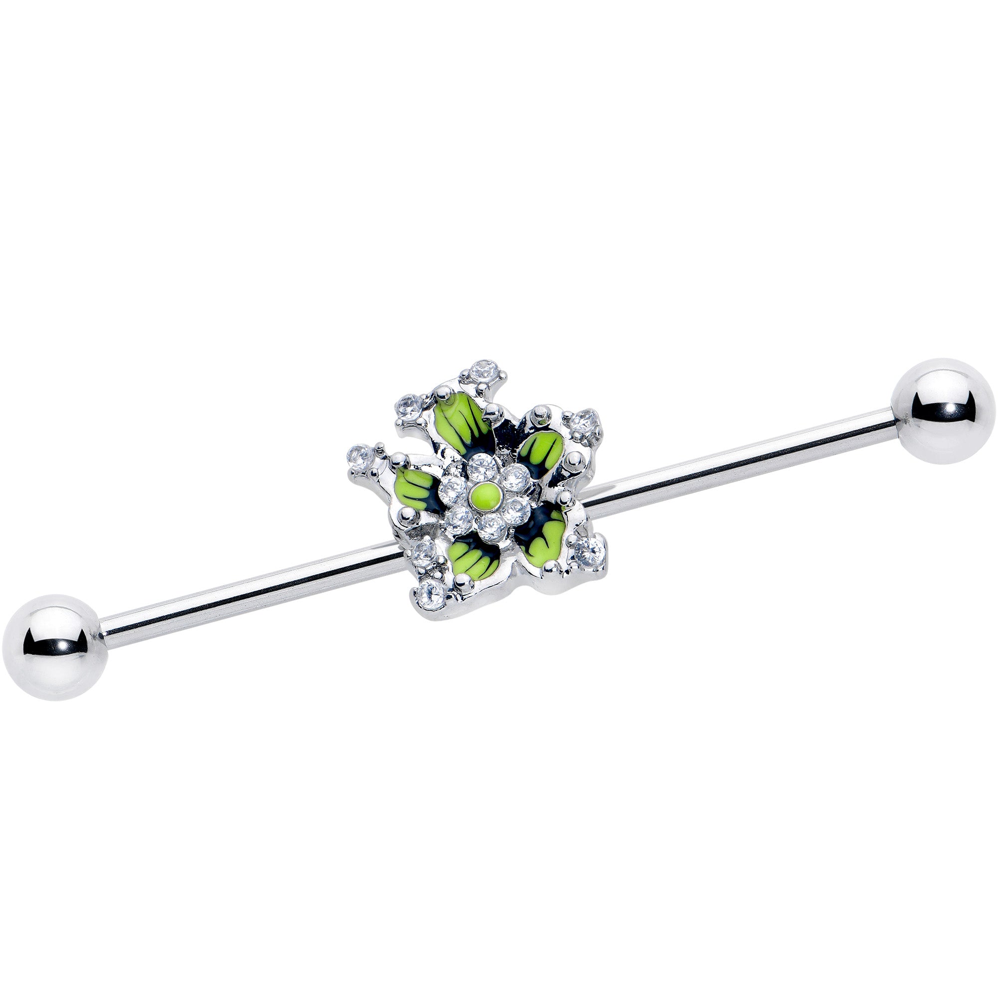 14G Clear CZ Gem Go Green Flower Industrial Barbell 38mm
