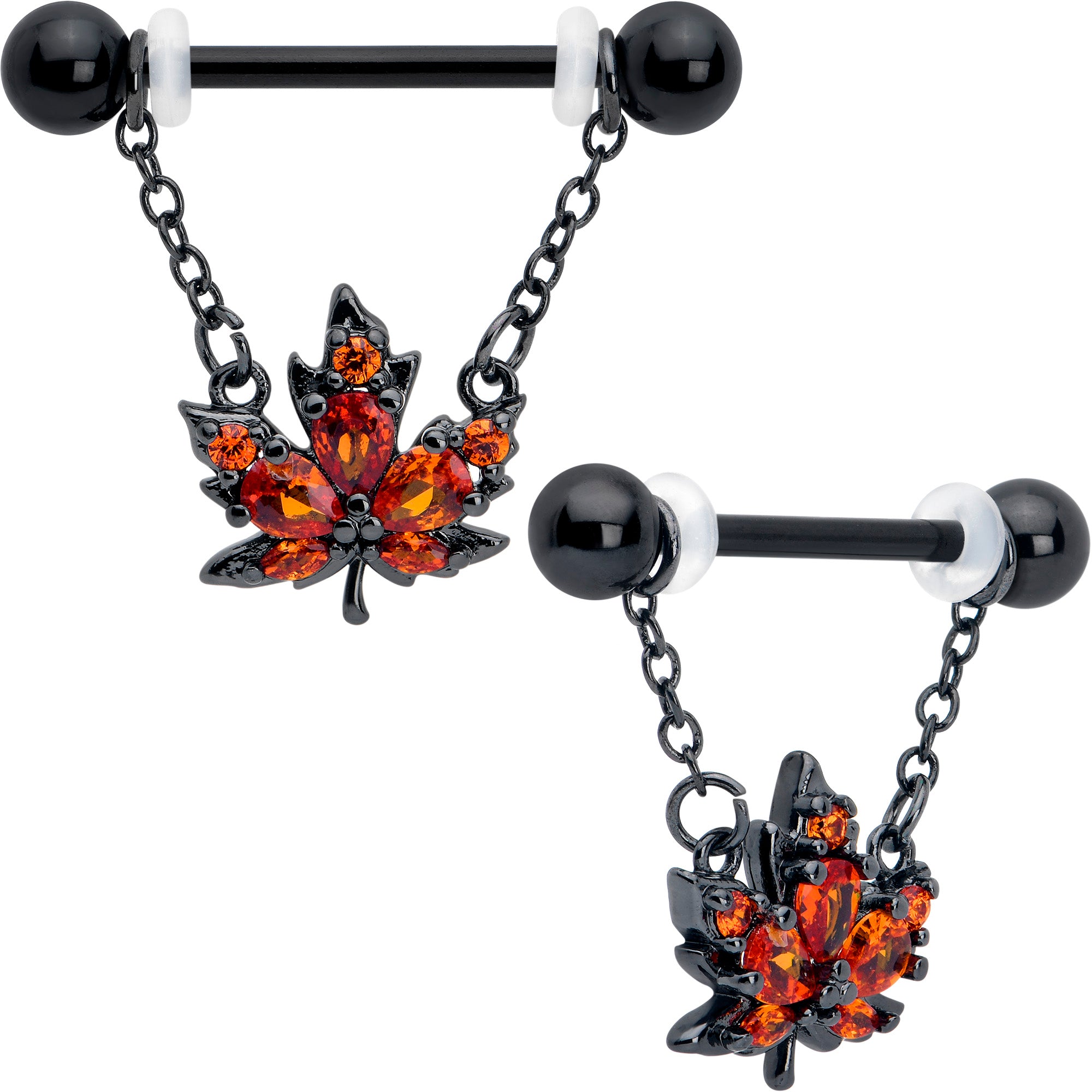 14G 9/16 Orange CZ Gem Black Autumn Leaf Dangle Nipple Ring Set
