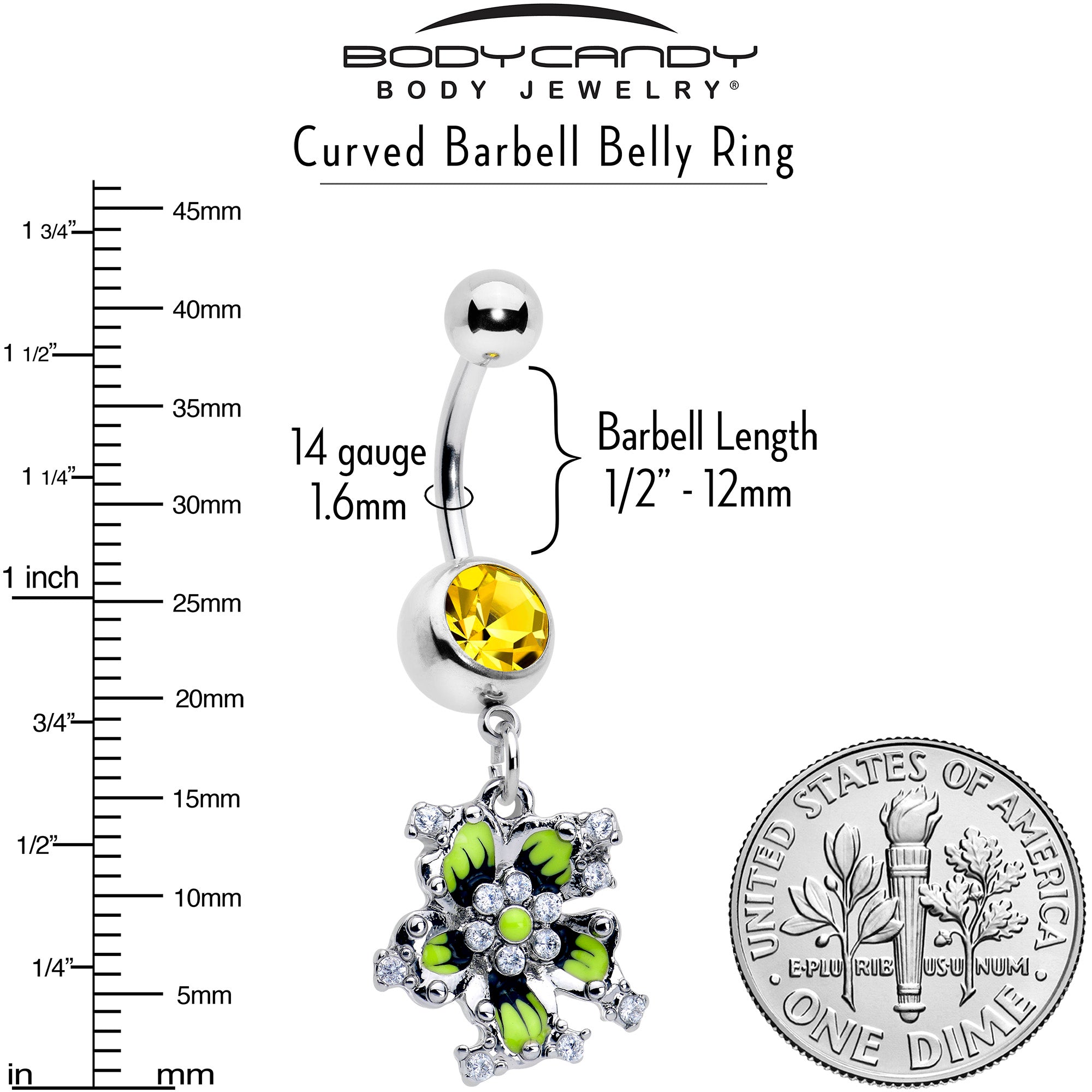 Go Green flower design belly ring with yellow CZ gem