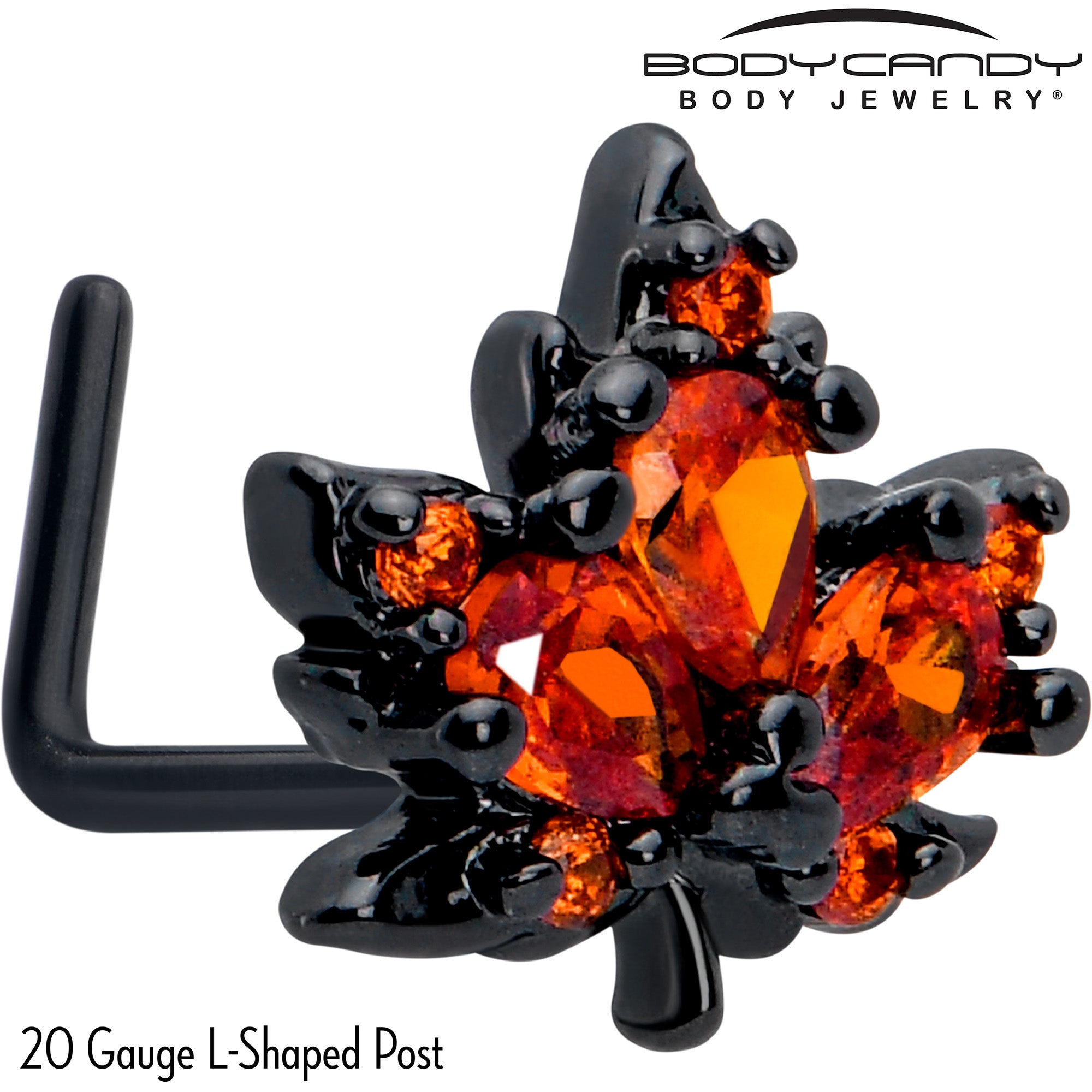 20 Gauge Black Autumn Leaf L Shape Nose Ring with 7mm Orange CZ Gem