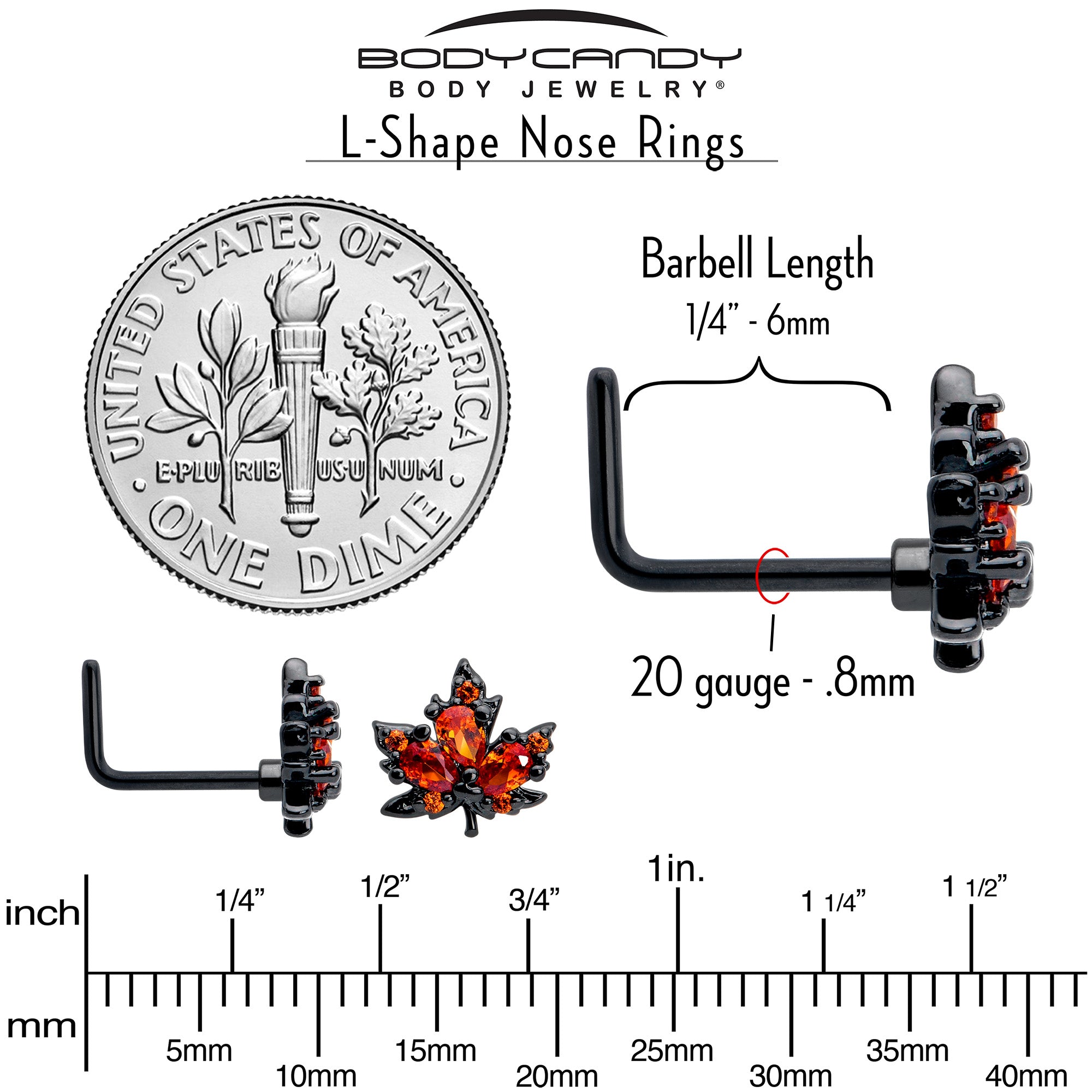 L Shape Nose Ring 20 Gauge Black with 7mm Orange CZ Gem